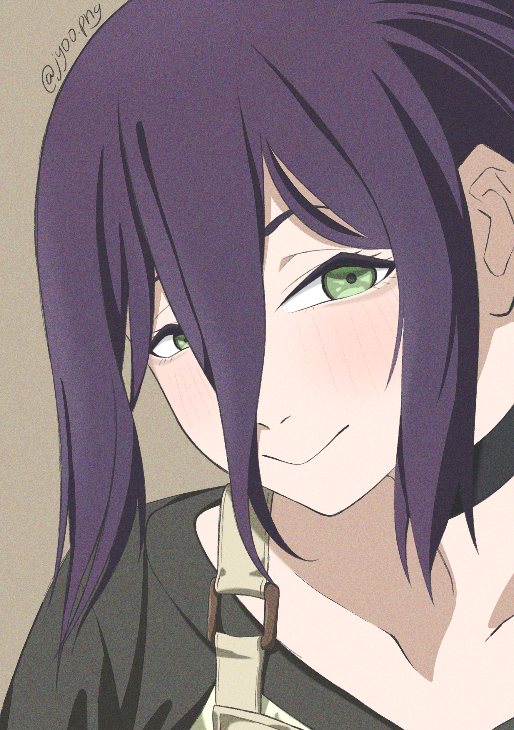 jyogen.png, reze (chainsaw man), chainsaw man, absurdres, highres, 1girl, apron, black choker, black shirt, choker, closed mouth, grey apron, grey background, hair between eyes, looking at viewer, purple hair, shirt, simple background, smile, solo
