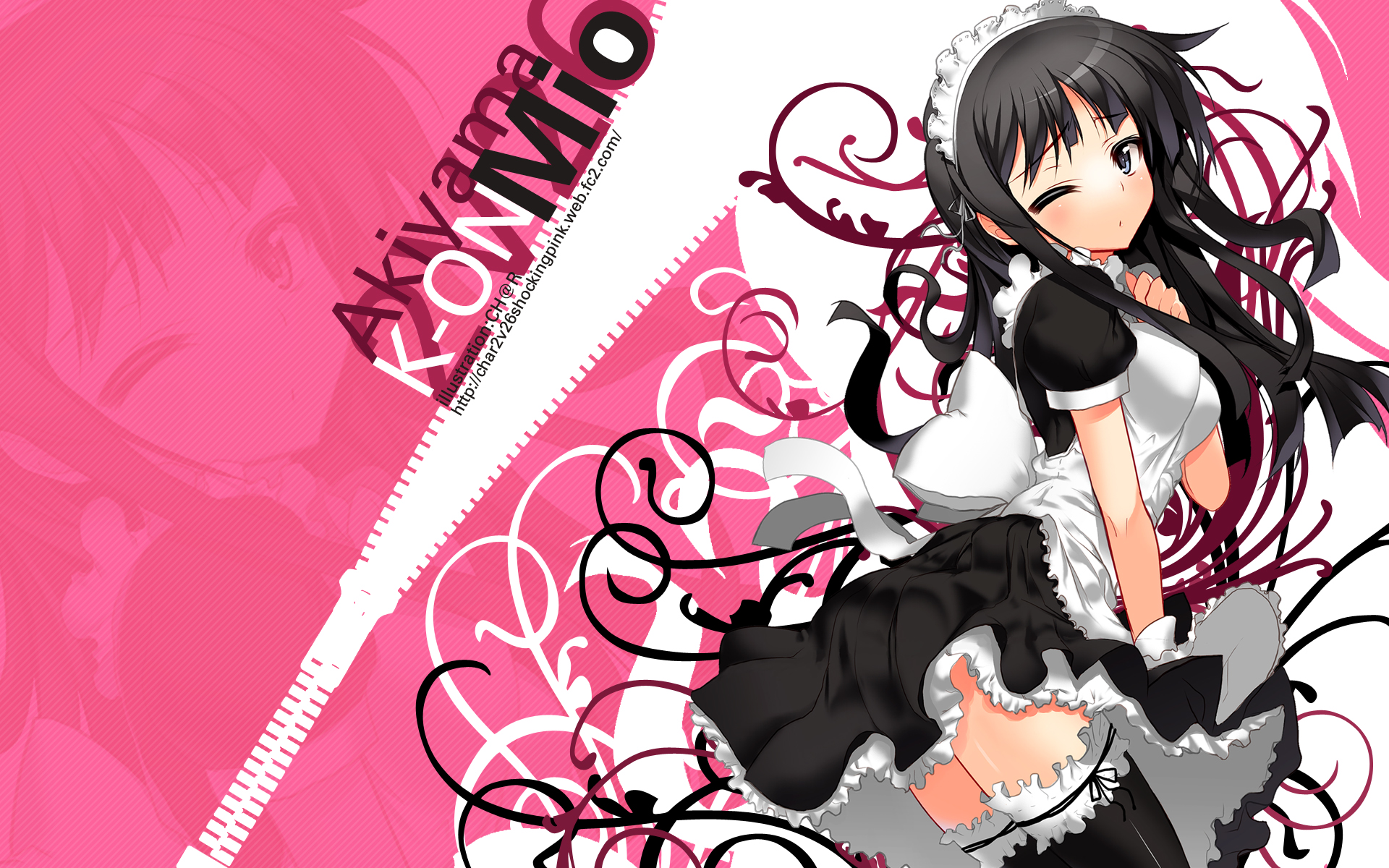char, akiyama mio, k-on!, highres, 00s, 1girl, alternate costume, black hair, blush, enmaided, female focus, frilled thighhighs, frills, lingerie, long hair, looking back, maid, maid headdress, one eye closed, petticoat, solo, thighhighs, underwear, wink