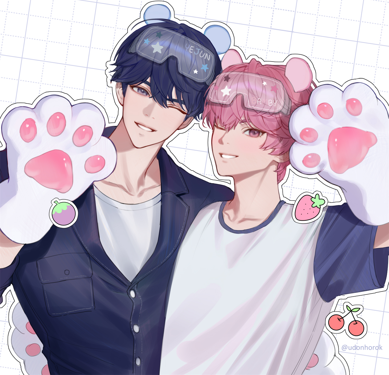udonhorok, bamby (plave), plave, highres, 2boys, animal ears, animal hands, arm up, bear ears, blue eyes, blue hair, blue shirt, eyewear on head, gloves, grid background, hair between eyes, k-pop, male focus, multiple boys, one eye closed, paw gloves, pink eyes, pink hair, safety glasses, shirt, short sleeves, smile, two-tone shirt, upper body, waving, yejun (plave)