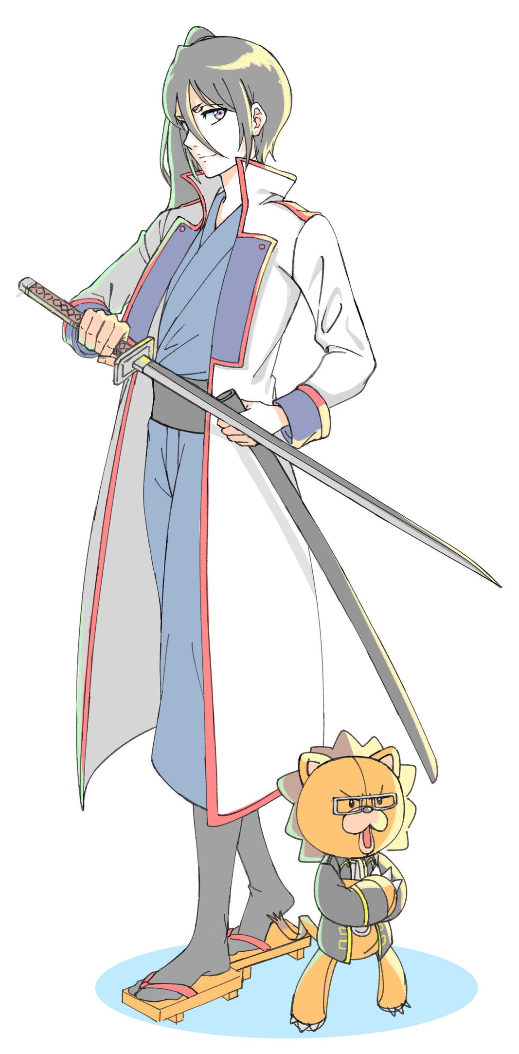 shaolong, itou kamotarou, kon (bleach), kuchiki rukia, yagyuu kyuubei, bleach, bleach: epilogue, gintama, highres, 1boy, 1girl, blue kimono, cosplay, full body, geta, glasses, hair between eyes, haori, holding, holding sheath, holding sword, holding weapon, itou kamotarou (cosplay), japanese clothes, kimono, official alternate hairstyle, purple eyes, sandals, sheath, shinsengumi (gintama), side ponytail, stuffed animal, stuffed lion, stuffed toy, sword, voice actor connection, weapon, yagyuu kyuubei (cosplay)