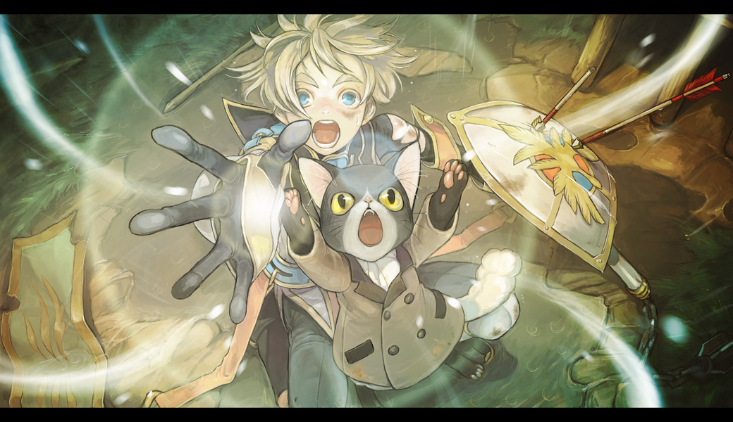 piyo, pixiv fantasia, pixiv fantasia 3, 1boy, armor, arrow (projectile), blush, cat, fantasy, magic, male focus, outstretched arm, outstretched arms, outstretched hand, reaching, shield