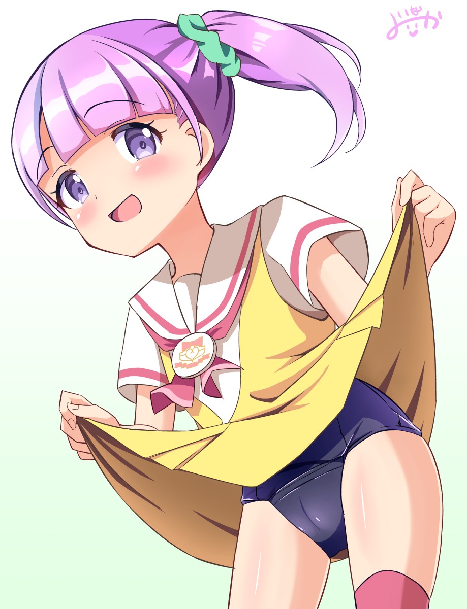 inakami, manaka non, pretty series, pripara, commentary request, highres, revision, 1girl, arched bangs, blue one-piece swimsuit, blush, clothes lift, dress, dress lift, green scrunchie, hair ornament, hair scrunchie, lifting own clothes, one-piece swimsuit, open mouth, purple eyes, purple hair, sailor collar, sailor dress, school swimsuit, scrunchie, short hair, side ponytail, simple background, smile, solo, swimsuit, swimsuit under clothes, thighhighs, white background, white sailor collar, yellow dress