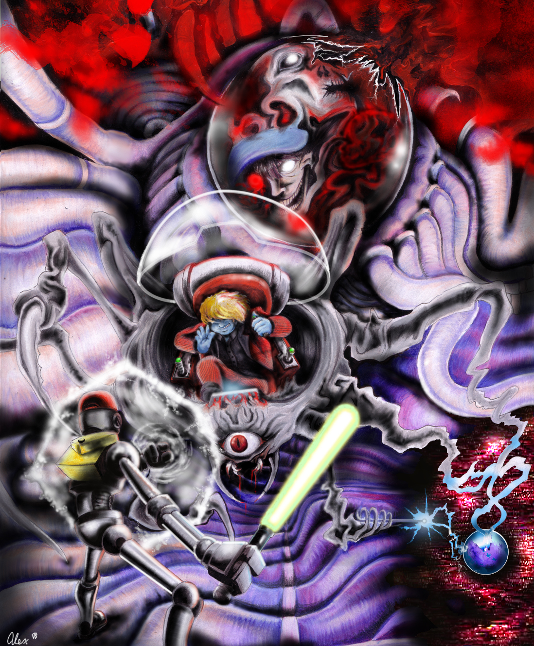 giygas, ness (mother 2), porky minch, mother (series), mother 2, nintendo, highres, spoilers, 2boys, baseball bat, blue skin, child, colored skin, energy sword, epic, multiple boys, robot, sword, weapon