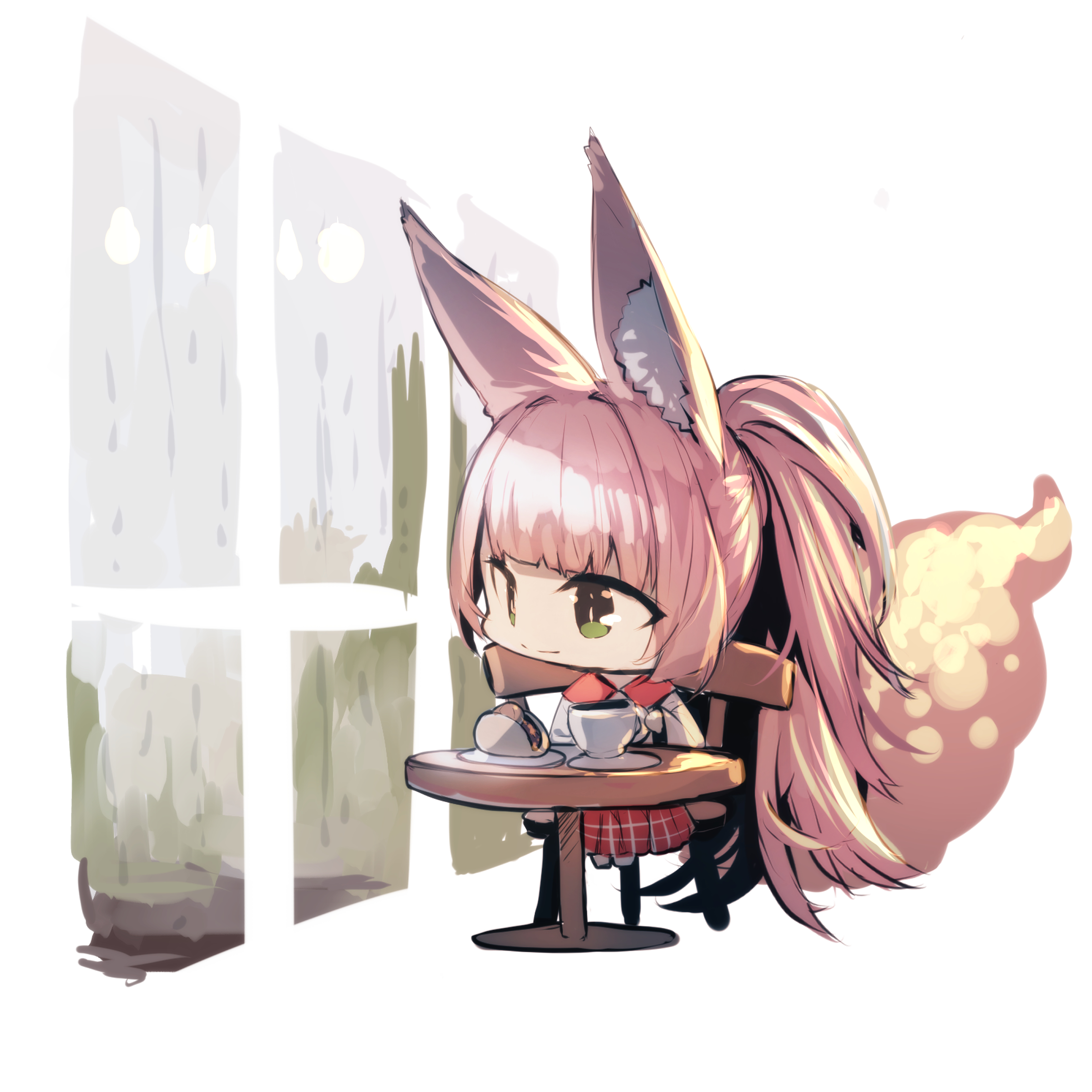 yuuji (yukimimi), original, absurdres, commentary request, food request, highres, 1girl, animal ear fluff, animal ears, blush, chair, chibi, closed mouth, collared shirt, cup, food, fox ears, fox girl, fox tail, green eyes, holding, holding cup, long sleeves, on chair, pleated skirt, ponytail, rain, red skirt, shirt, sitting, skirt, smile, solo, table, tail, white background, white shirt, wide sleeves, window