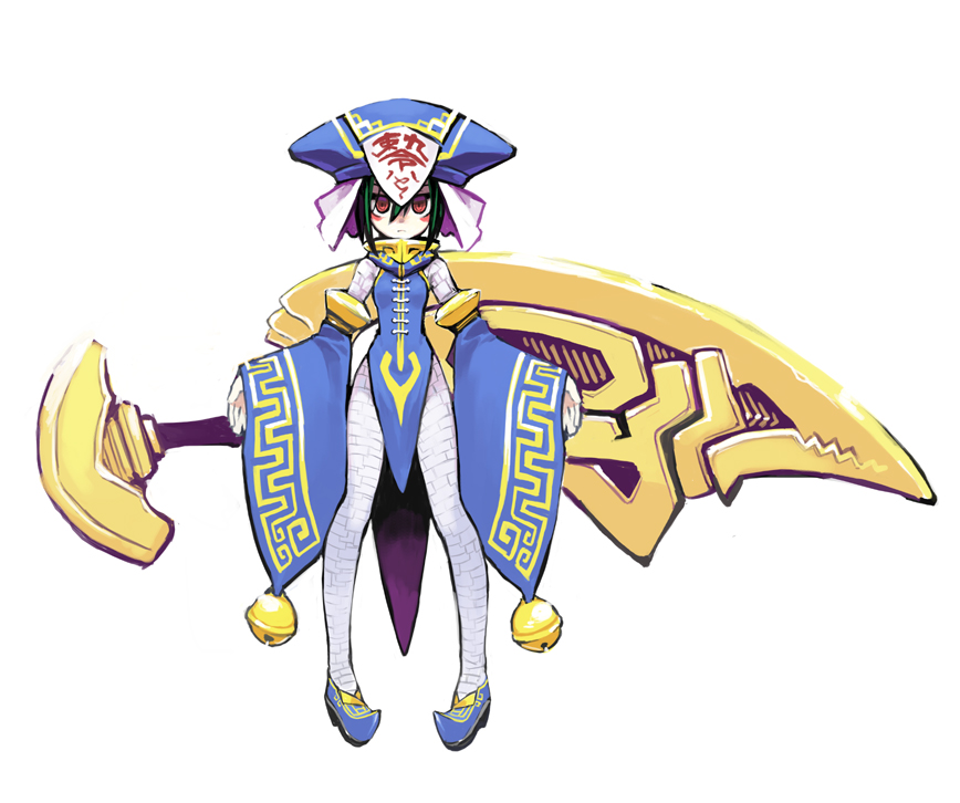 shigehiro (hiroi heya), original, 1girl, bandages, detached sleeves, female focus, green hair, huge weapon, jiangshi, pantyhose, red eyes, solo, weapon