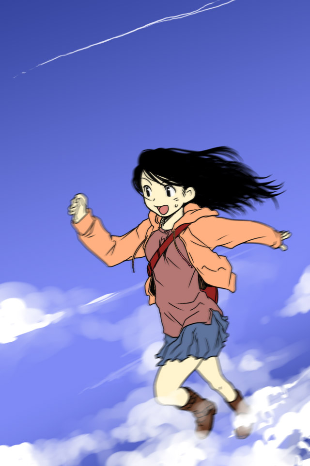 sakaki imasato, 1girl, bag, black hair, boots, brown boots, cloud, day, female focus, hood, hooded jacket, hoodie, jacket, jersey, long hair, midair, motion blur, running, skirt, sky, solo