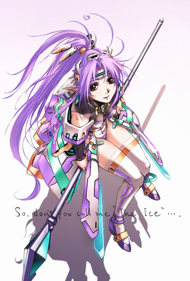 nyaou, angelan, virtual on, armor, brown eyes, elf, headband, long hair, mecha musume, pointy ears, ponytail, purple hair, sitting, solo, staff, thighhighs, white thighhighs