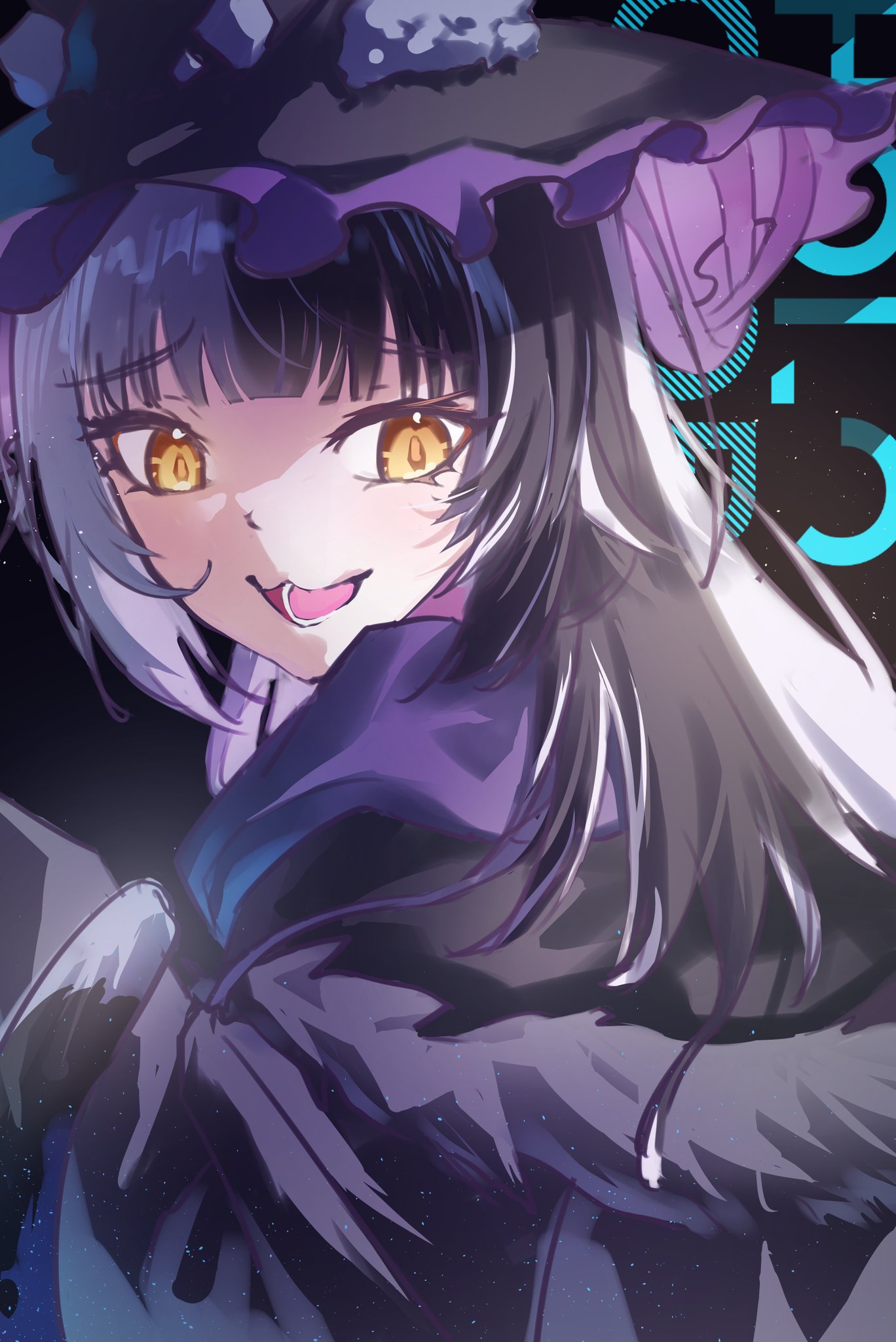 ritsukichrilip9, shiori novella, hololive, hololive english, highres, 1girl, alternate costume, black hair, black hat, black robe, grey hair, hat, long hair, lower teeth only, multicolored hair, open mouth, robe, solo, split-color hair, teeth, two-tone hair, virtual youtuber, witch hat, yellow eyes