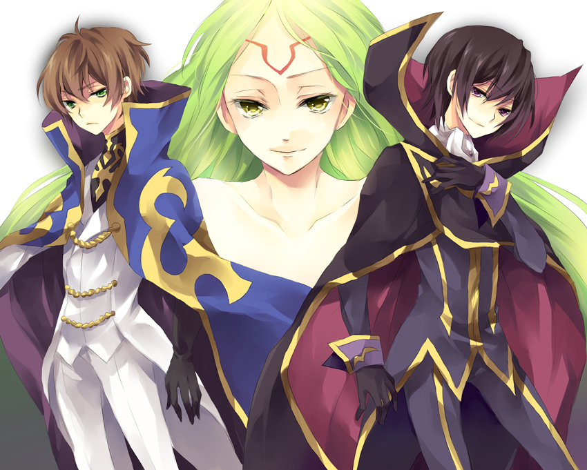 karu, yuzuki karu, c.c., kururugi suzaku, lelouch vi britannia, zero (code geass), code geass, bad id, bad pixiv id, 00s, 1girl, 2boys, cape, clothed male nude female, facial mark, forehead mark, green hair, long hair, multiple boys, nude, yellow eyes