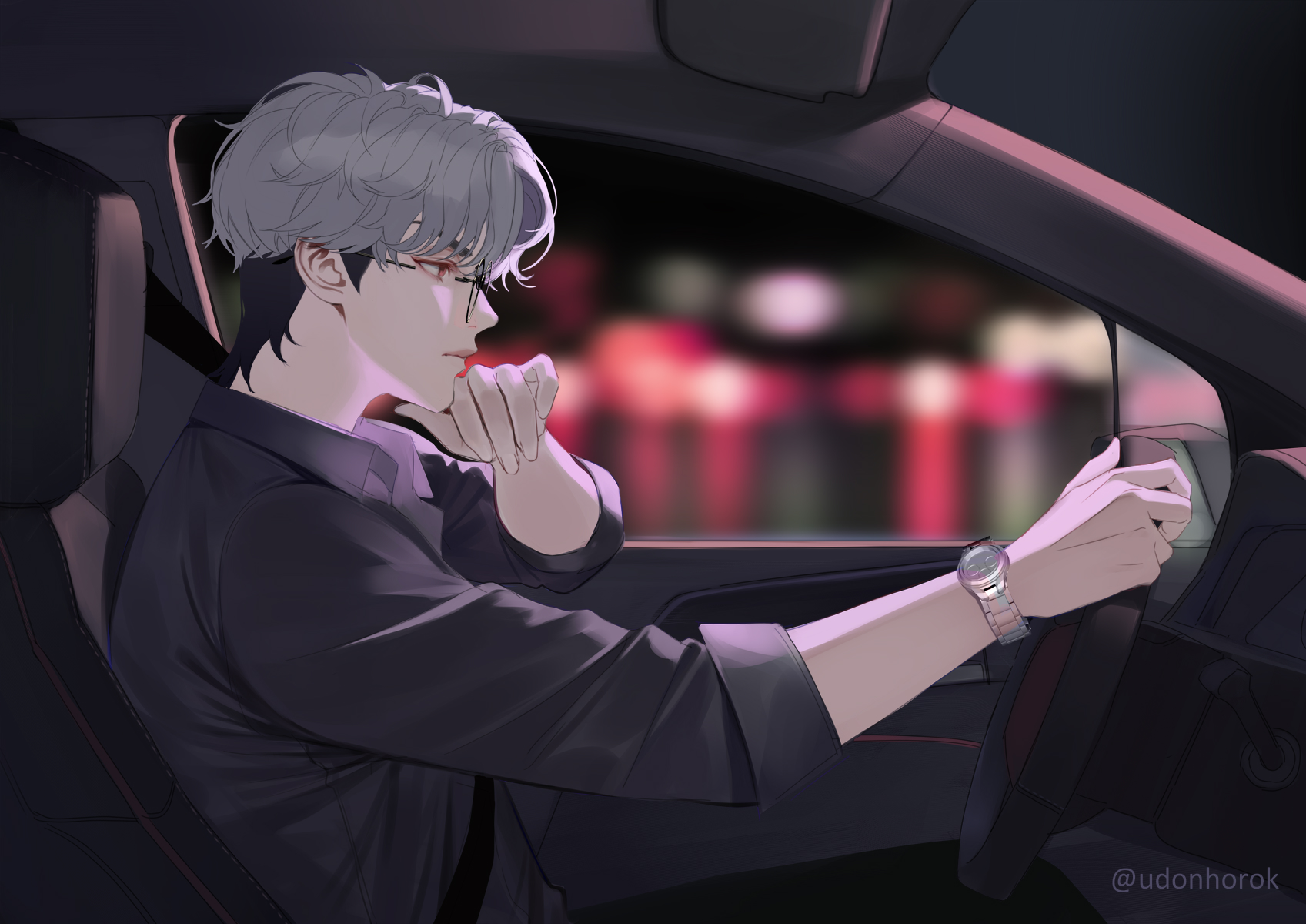 udonhorok, plave, hashtag-only commentary, highres, 1boy, black shirt, blurry, blurry background, car, car interior, closed mouth, driving, eunho (plave), from side, glasses, grey hair, hand on own chin, indoors, k-pop, long sleeves, looking ahead, male focus, motor vehicle, red eyes, shirt, short hair, solo, upper body, watch, wristwatch