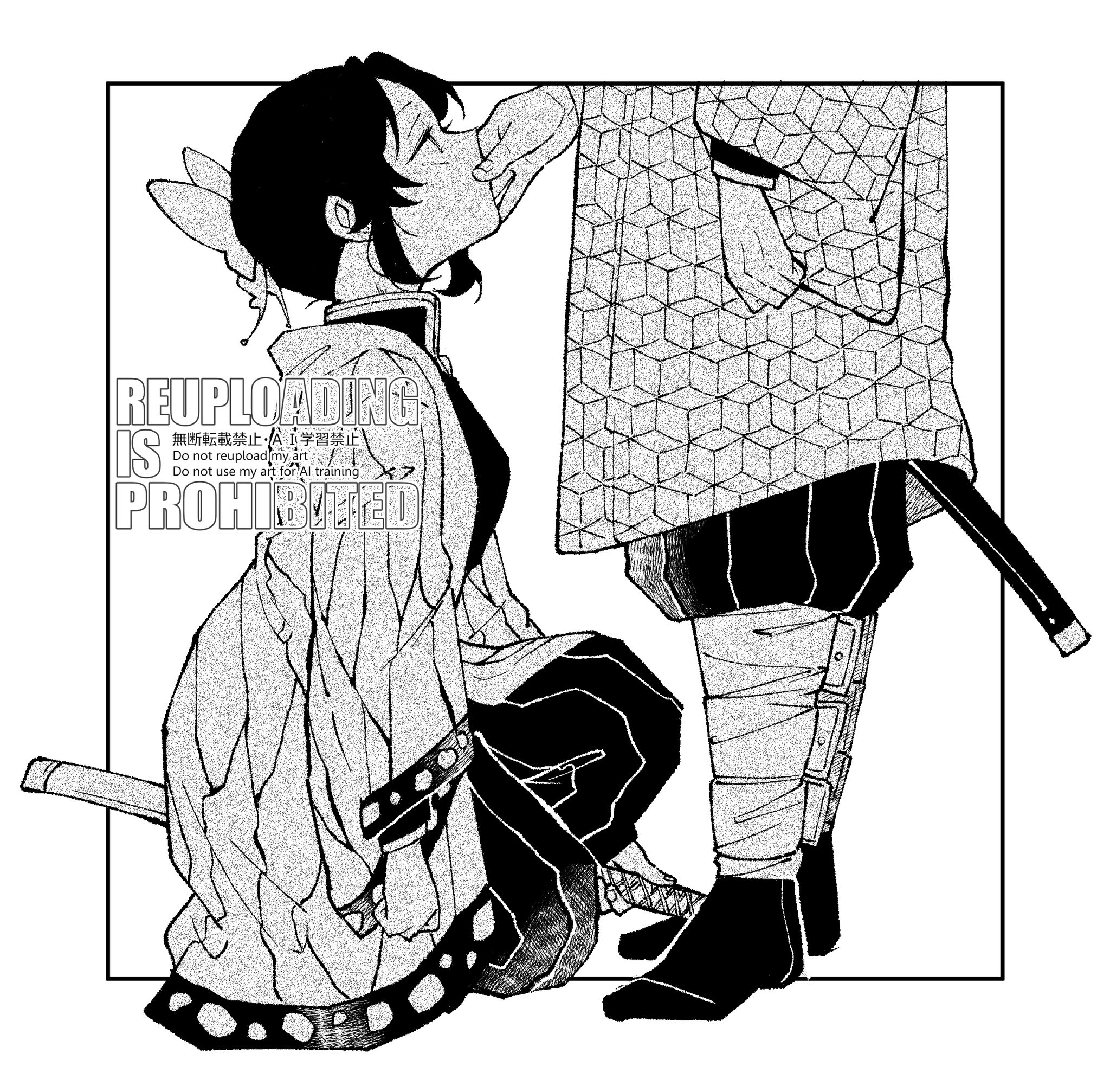 saika 102, kimetsu no yaiba, highres, 1boy, 1girl, black hair, black jacket, black pants, black socks, border, breasts, butterfly hair ornament, butterfly print haori, demon slayer uniform, full body, greyscale, hair ornament, hakama, hakama pants, hand on another's cheek, hand on another's face, haori, hetero, jacket, japanese clothes, katana, looking at another, lower body, medium breasts, monochrome, no shoes, on one knee, pants, parted bangs, print haori, sidelocks, socks, standing, sword, updo, weapon, white background, white border