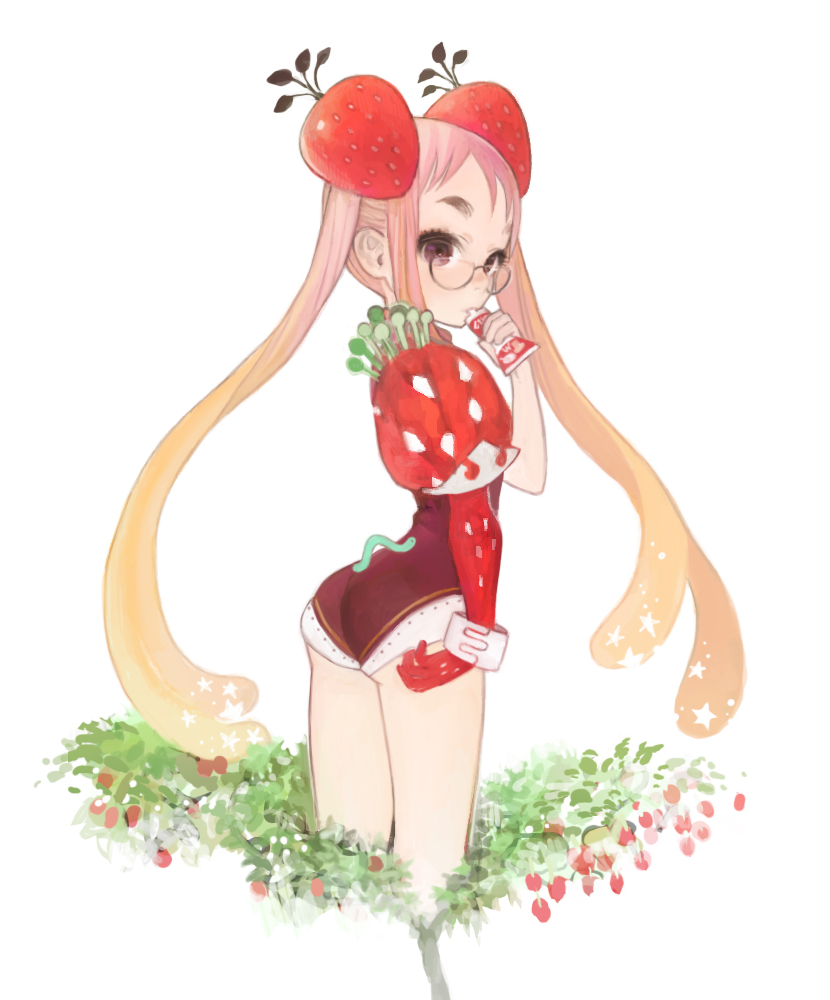 matayoshi, 1girl, ass, female focus, flower, food, food-themed clothes, food-themed hair ornament, food as clothes, fruit, gigot sleeves, hair ornament, looking back, solo, strawberry, strawberry hair ornament, toothpaste, twintails, worm