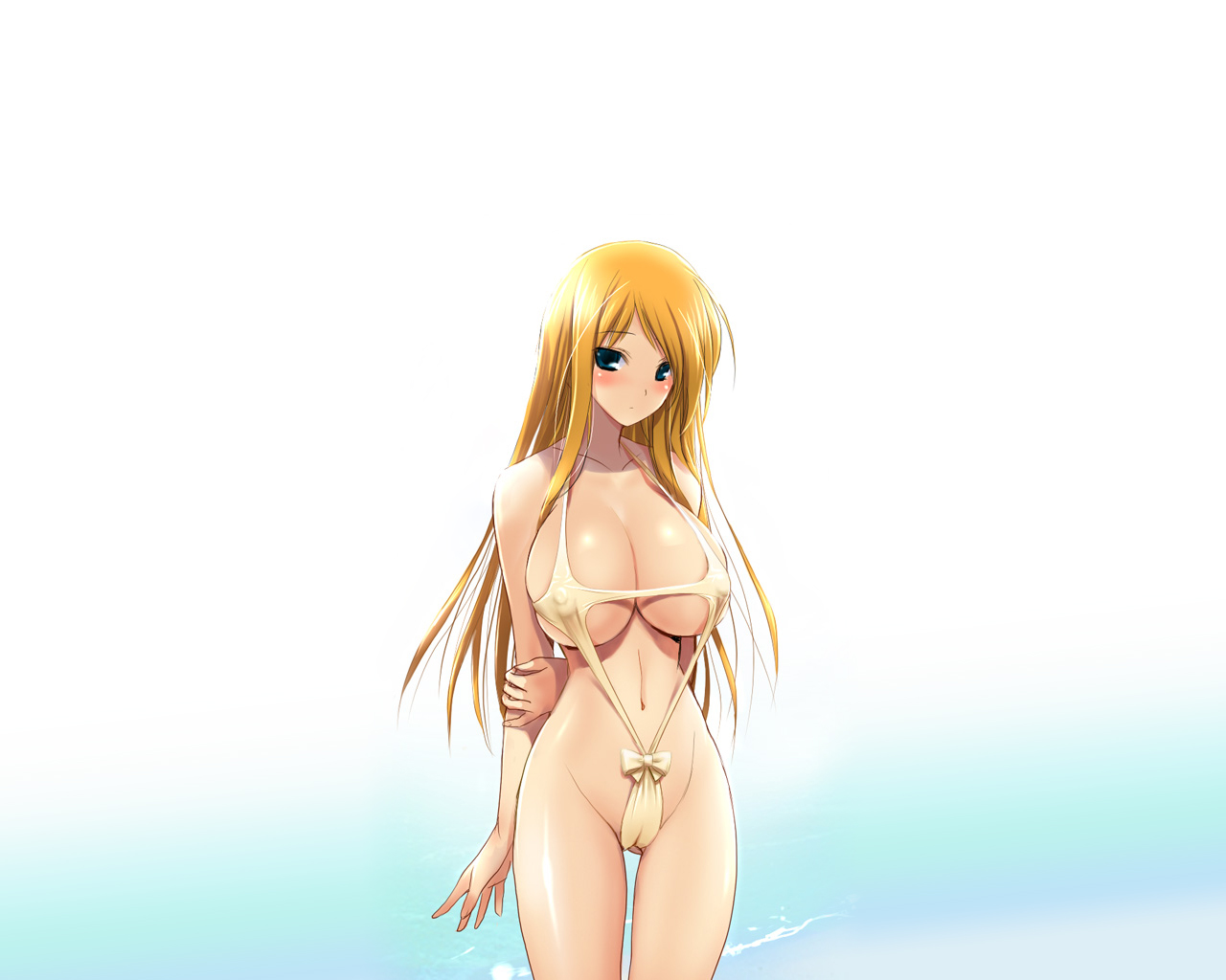 hima, 1girl, arms behind back, beach, blonde hair, blue eyes, blush, bow, breasts, cameltoe, covered erect nipples, female focus, huge breasts, long hair, skinny, slender, slingshot swimsuit, solo, swimsuit, water