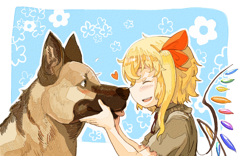 kirusu, flandre scarlet, touhou, bad id, bad pixiv id, 1girl, :d, ^ ^, alternate costume, blonde hair, bow, closed eyes, contemporary, dog, fang, female focus, flower, german shepherd, hair bow, happy, heart, open mouth, ponytail, short hair with long locks, side ponytail, sideways mouth, smile, solo, wings