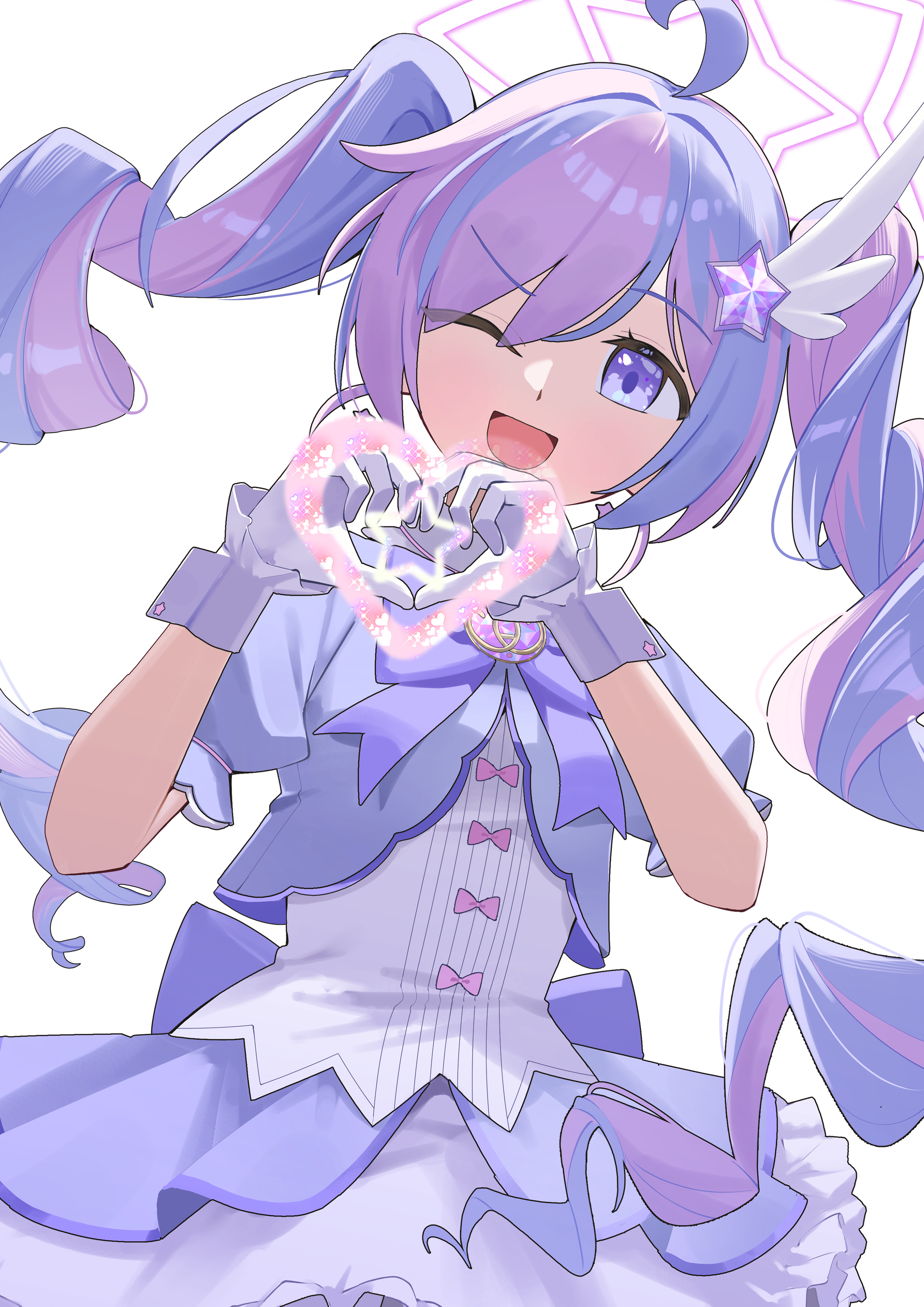 fukujin, reisa (blue archive), reisa (magical) (blue archive), blue archive, absurdres, highres, revision, 1girl, :d, ahoge, drill hair, gloves, hair ornament, halo, heart, heart hands, long hair, looking at viewer, magical girl, multicolored hair, one eye closed, open mouth, pink hair, pink halo, puffy short sleeves, puffy sleeves, purple eyes, purple hair, short sleeves, simple background, smile, solo, star (symbol), star hair ornament, star halo, twin drills, twintails, two-tone hair, white background, white gloves, wing hair ornament
