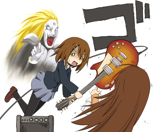 nekosaki ayumi, yuutsuki gato, hirasawa yui, johannes krauser ii, yamanaka sawako, detroit metal city, gibson, k-on!, 2girls, amplifier, brown hair, gibson les paul, glasses, guitar, instrument, multiple girls, pantyhose, parody, school uniform, teacher, teacher and student, tripping