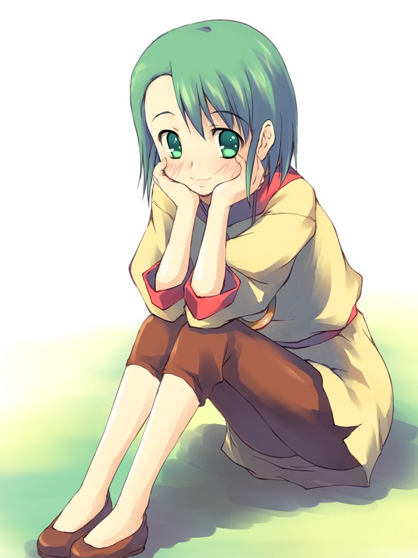 kikurage (plastic people), erin, kemono no souja erin, 00s, 1girl, blush, female focus, green eyes, green hair, matching hair/eyes, sitting, solo