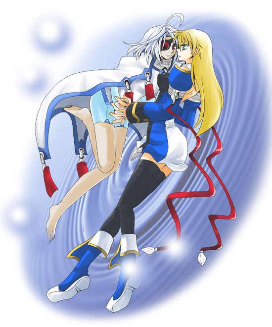 takano-k, takanon (nekomaruya), noel vermillion, nu-13, arc system works, blazblue, blue footwear, bad id, bad pixiv id, 2girls, boots, incest, legs, multiple girls, thighhighs, yuri