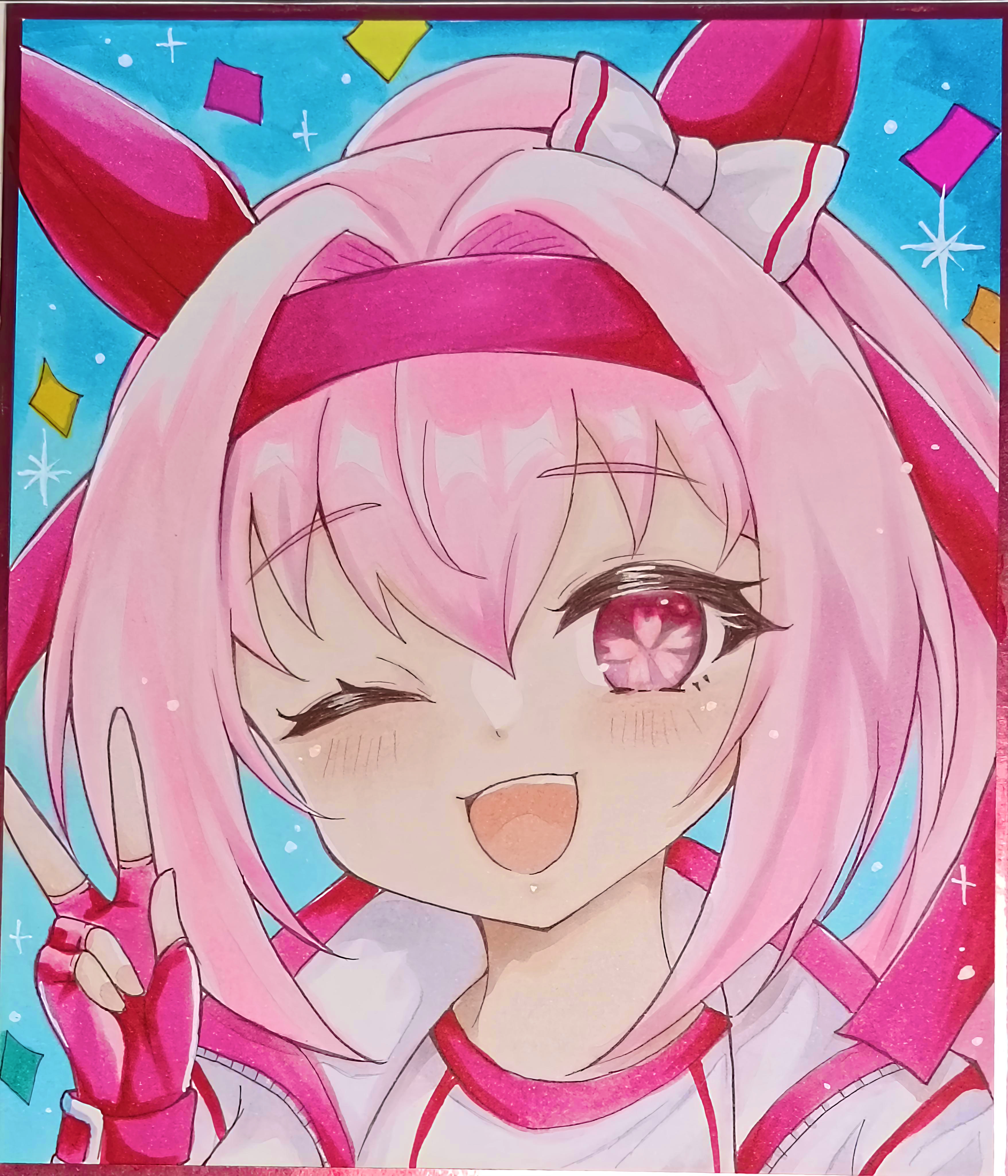 terimuku, haru urara (bestest prize) (umamusume), haru urara (umamusume), umamusume, absurdres, commentary request, highres, photo (medium), traditional media, 1girl, ;d, animal ears, blush, bow, confetti, ear bow, fingerless gloves, flower-shaped pupils, gloves, gym shirt, hair between eyes, hairband, hand up, horse ears, jacket, looking at viewer, one eye closed, open clothes, open jacket, open mouth, pink hair, ponytail, purple eyes, purple gloves, purple hairband, shikishi, shirt, smile, solo, symbol-shaped pupils, track jacket, v, white bow, white jacket, white shirt