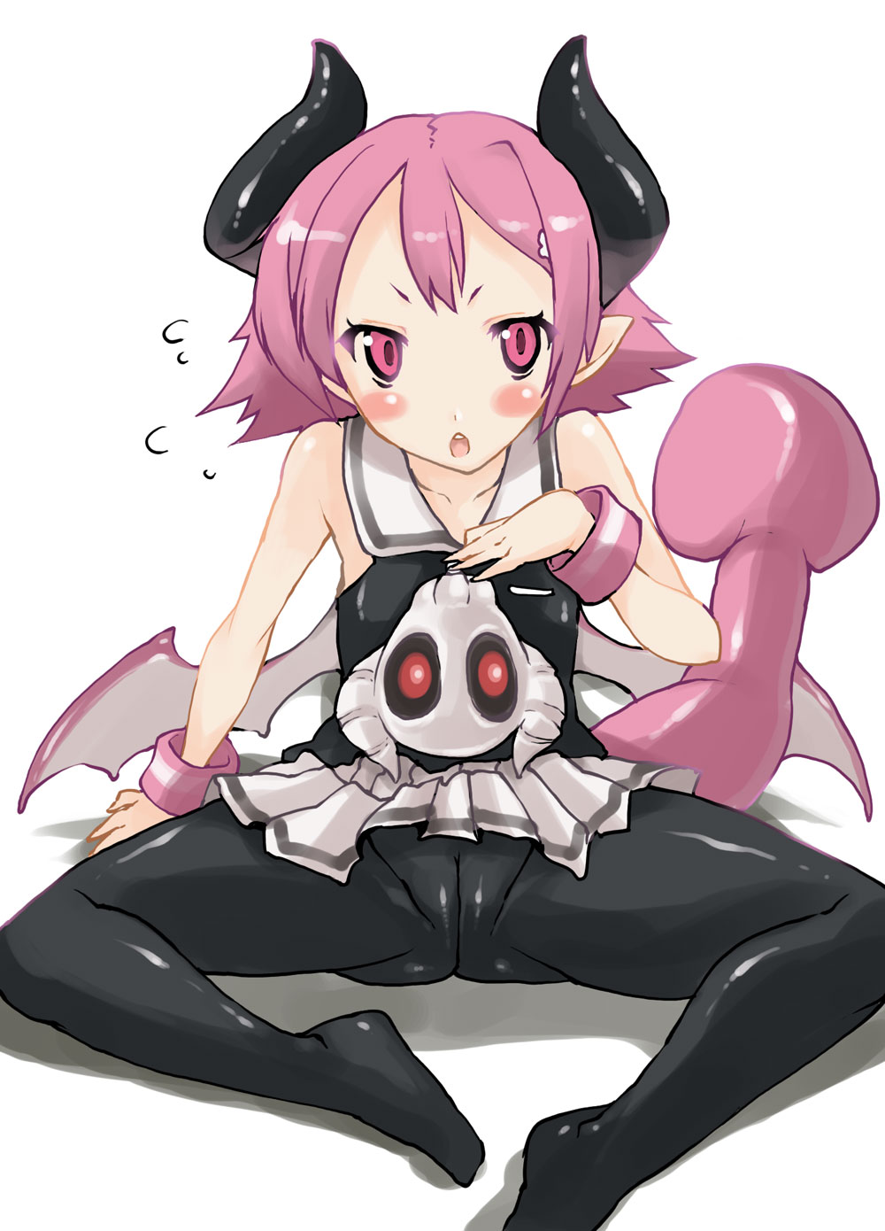 erect sawaru, raspberyl, disgaea, makai senki disgaea 3, highres, 1girl, :o, blush, cameltoe, fat mons, female focus, horns, pantyhose, pink eyes, pink hair, short hair, sitting, skirt, skull, solo, spread legs, sweat, tail, wings