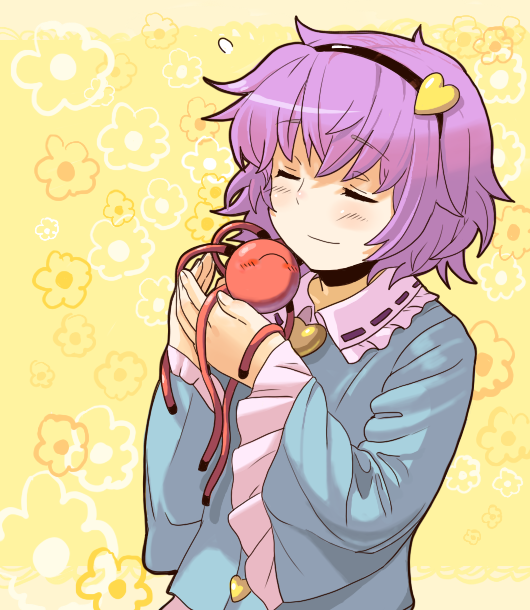 kirusu, komeiji satori, touhou, bad id, bad pixiv id, 1girl, closed eyes, female focus, flower, hairband, happy, hug, plant, purple hair, short hair, smile, solo, standing, upper body