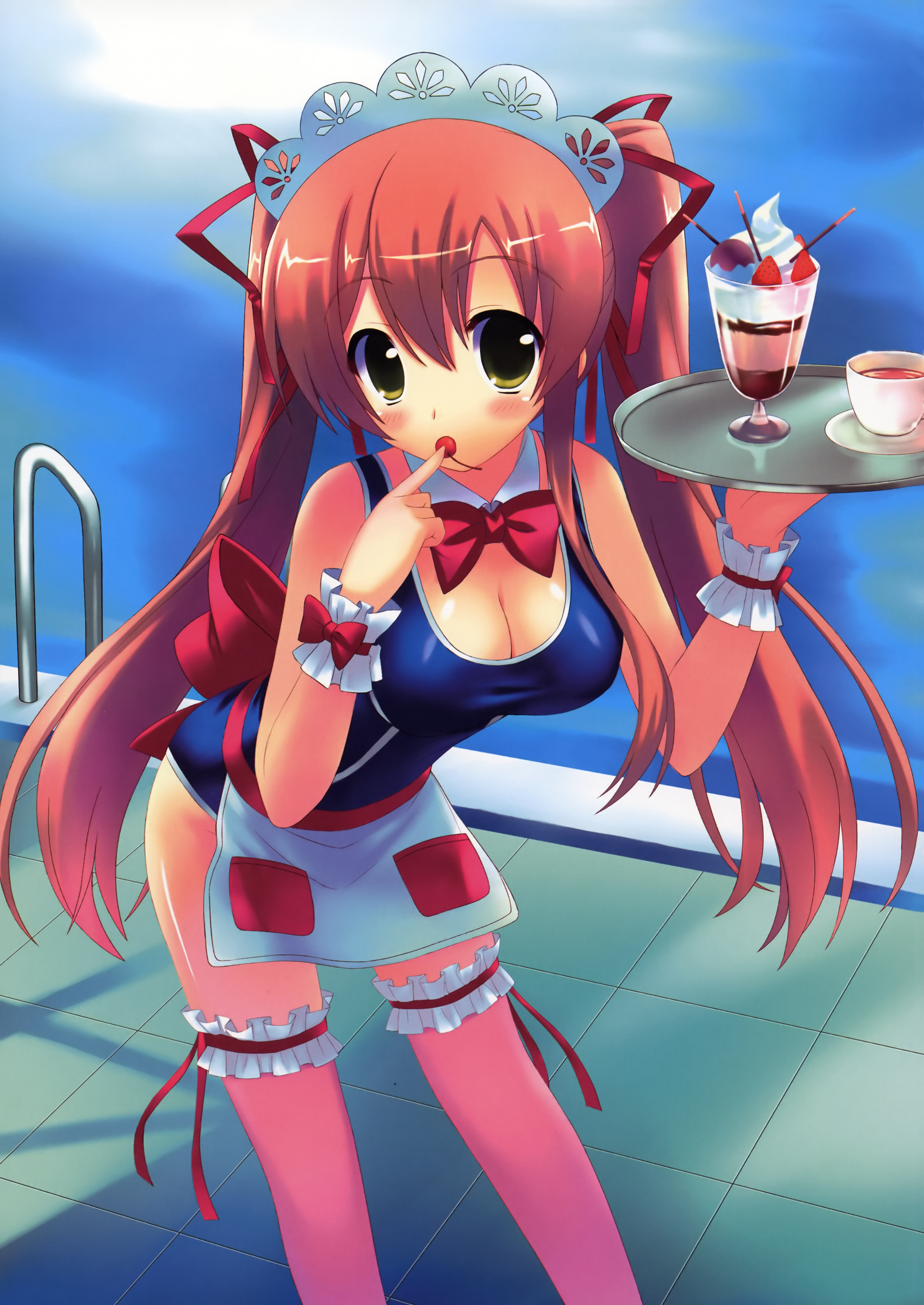 kiba satoshi, shirley fenette, code geass, absurdres, highres, 00s, 1girl, 3girls, bare shoulders, blue one-piece swimsuit, blush, bow, bowtie, breasts, cherry, cleavage, cup, female focus, food, frilled thighhighs, frills, fruit, green eyes, headdress, ice cream, leaning forward, long hair, looking at viewer, multiple girls, one-piece swimsuit, pink thighhighs, red hair, solo, standing, sundae, swimsuit, thighhighs, tray, twintails, waitress, wrist cuffs