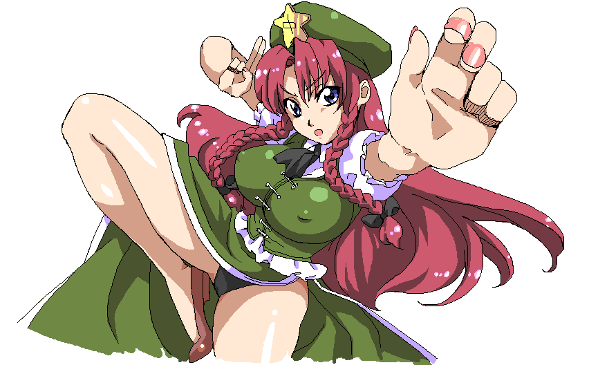 kohcy, hong meiling, immaterial and missing power, touhou, 1girl, blue eyes, braid, breasts, china dress, chinese clothes, dress, female focus, fighting stance, hat, long hair, panties, red hair, simple background, solo, twin braids, underwear, white background
