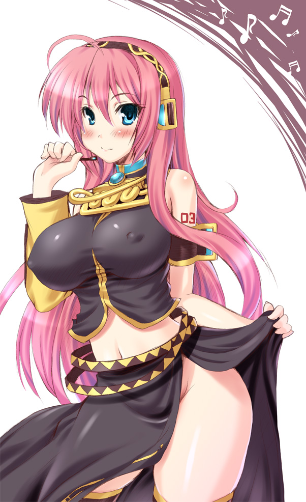 kawase seiki, megurine luka, vocaloid, 1girl, bare shoulders, belt, blue eyes, blush, breasts, covered erect nipples, female focus, large breasts, long hair, long skirt, midriff, navel, no panties, pink hair, shirt, side slit, skirt, solo, taut clothes, taut shirt, thighhighs, thighs