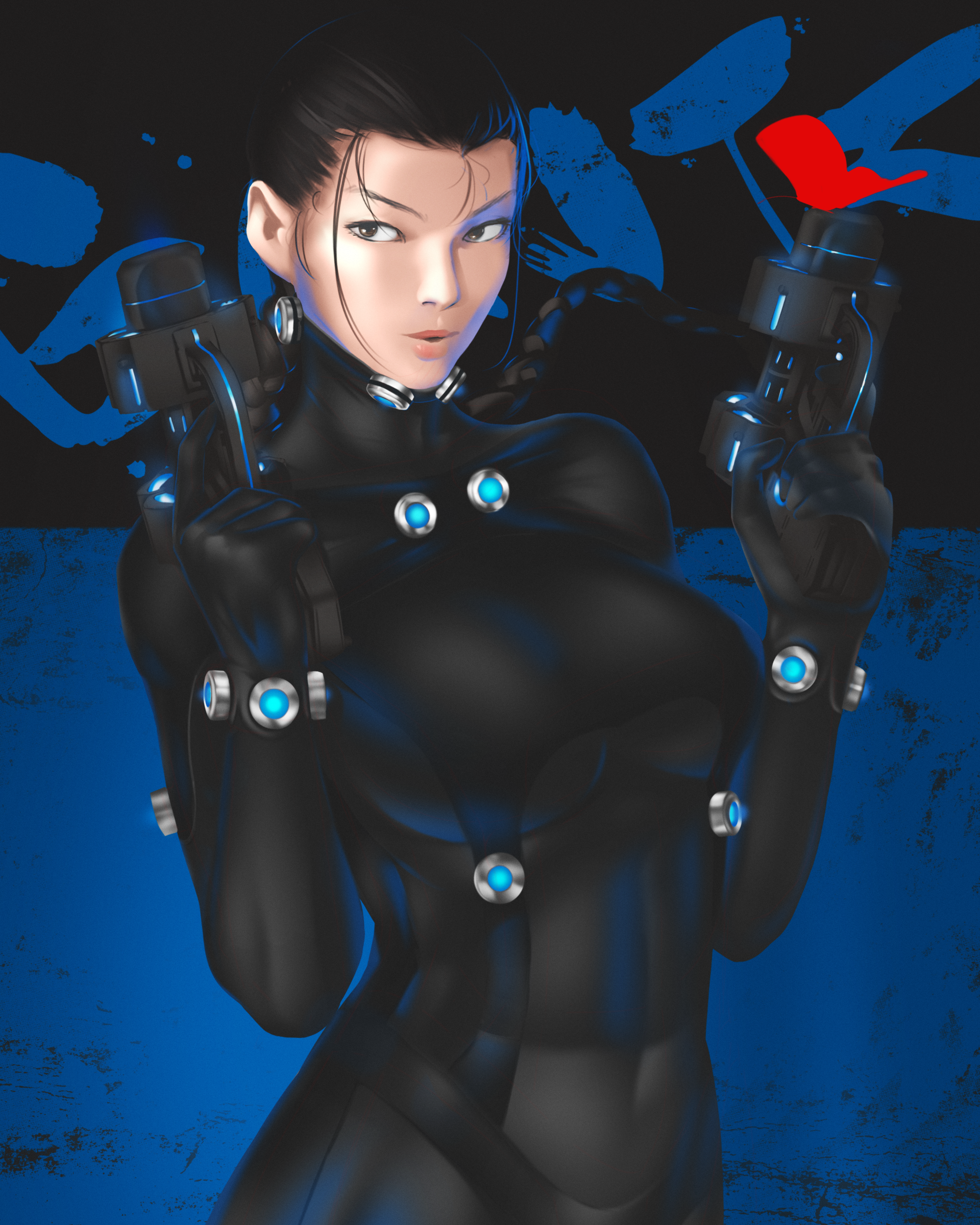 sakuraoka sei, gantz, absurdres, artist request, highres, 1girl, blue background, blue eyes, blue hair, bodysuit, braid, breasts, gun, holding, holding gun, holding weapon, large breasts, lipstick, long hair, looking at viewer, makeup, matching hair/eyes, nipples, simple background, solo, standing, two-tone background, weapon, wide hips