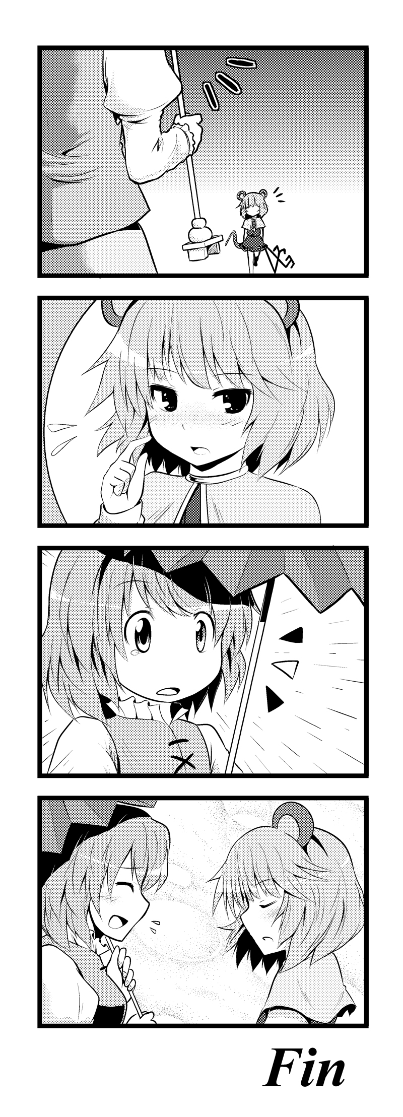 chipa (arutana), nazrin, tatara kogasa, touhou, highres, 2girls, 4koma, ^^^, blush, comic, female focus, greyscale, heterochromia, monochrome, multiple girls, silent comic, surprised