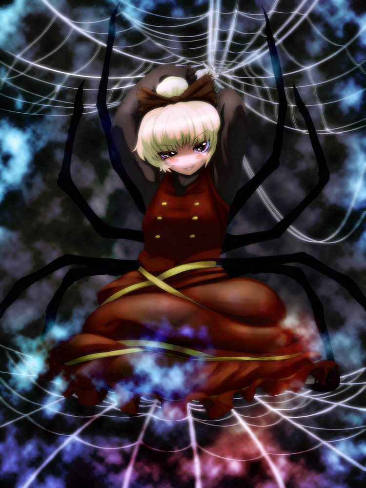 arugeri, kurodani yamame, touhou, 1girl, arms up, blonde hair, blush stickers, bow, brown eyes, bug, dress, female focus, grin, hair bow, hair bun, short hair, silk, single hair bun, smile, smirk, solo, spider, spider web, squinting, uneven eyes