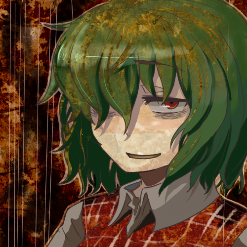 kirusu, kazami yuuka, touhou, bad id, bad pixiv id, lowres, 1girl, bags under eyes, female focus, green hair, hair over one eye, plaid clothes, plaid vest, portrait, red eyes, shaded face, short hair, smile, solo, vest