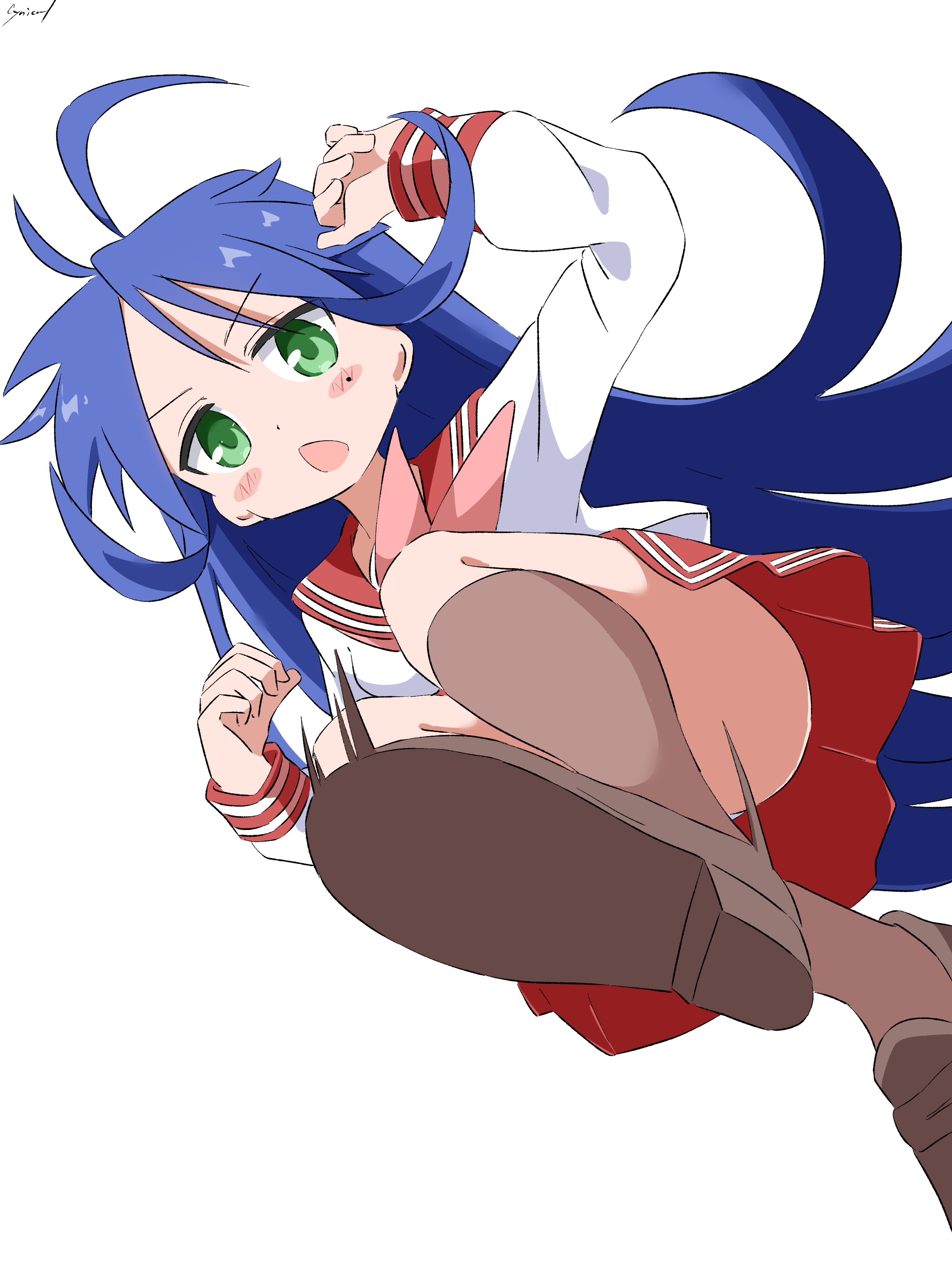 cynical (llcbluckg c004), izumi konata, lucky star, absurdres, commentary request, highres, 1girl, antenna hair, blue hair, blush stickers, brown shoes, brown socks, choppy bangs, dot nose, from below, full body, green eyes, hands up, kneehighs, long hair, long sleeves, looking at viewer, miniskirt, mole, mole under eye, open mouth, panties, panty peek, pleated skirt, red sailor collar, red skirt, ryouou school uniform, sailor collar, school uniform, serafuku, shirt, shoes, signature, simple background, skirt, socks, solo, underwear, upskirt, v-shaped eyebrows, very long hair, walking, white background, white panties, white shirt