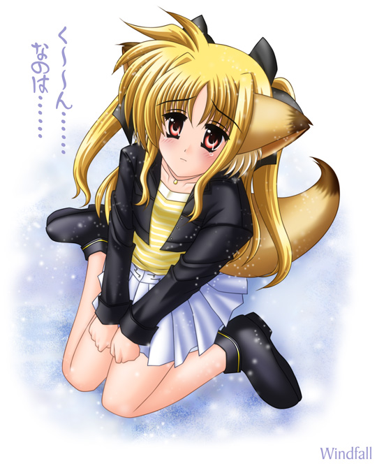 moeru osaru, fate testarossa, lyrical nanoha, mahou shoujo lyrical nanoha, bad id, bad pixiv id, 00s, animal ears, looking up, sitting, snow, solo, tail