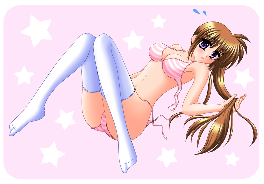 moeru osaru, takamachi nanoha, lyrical nanoha, mahou shoujo lyrical nanoha, mahou shoujo lyrical nanoha strikers, bad id, bad pixiv id, 00s, 1girl, blush, bra, female focus, lingerie, panties, side-tie panties, solo, striped bra, striped clothes, striped panties, thighhighs, underwear, underwear only