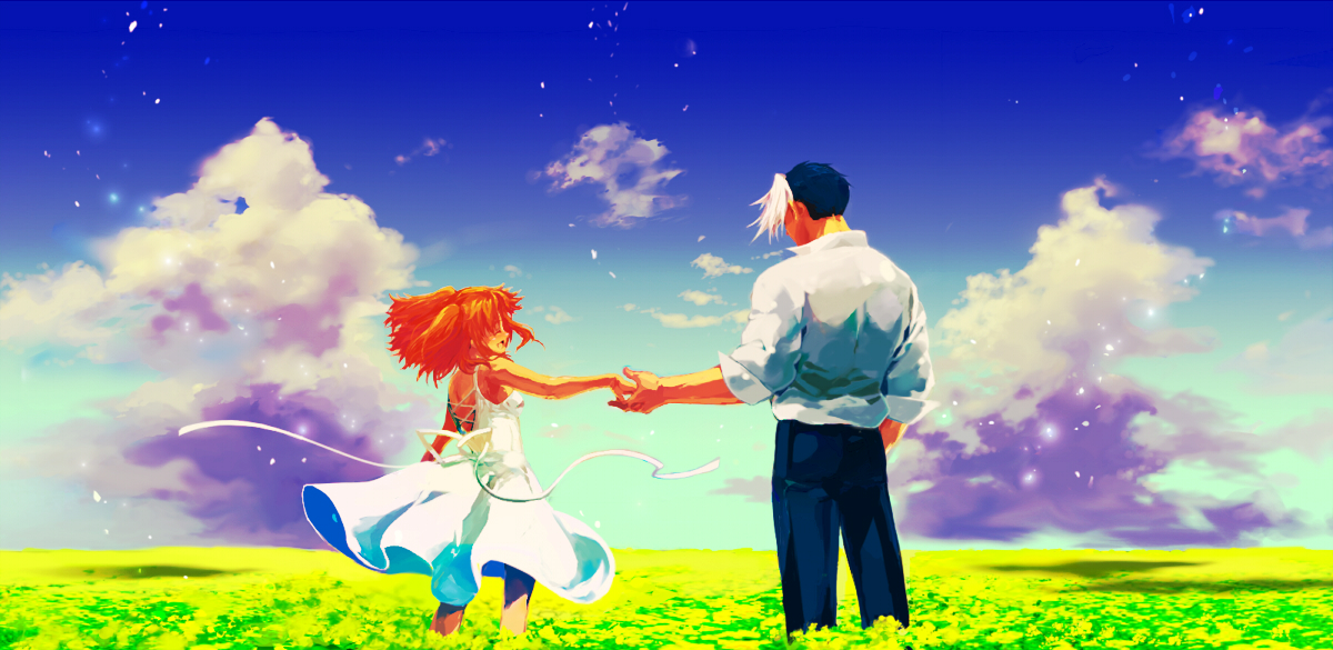 akiyama (yamagoya), sachiel (mugen), yumizuka satsuki, m.u.g.e.n, melty blood, tsukihime, bad id, bad pixiv id, 00s, 1boy, 1girl, cloud, colored bangs, crossover, day, dress, field, flower, happy, hetero, holding hands, scenery, sundress