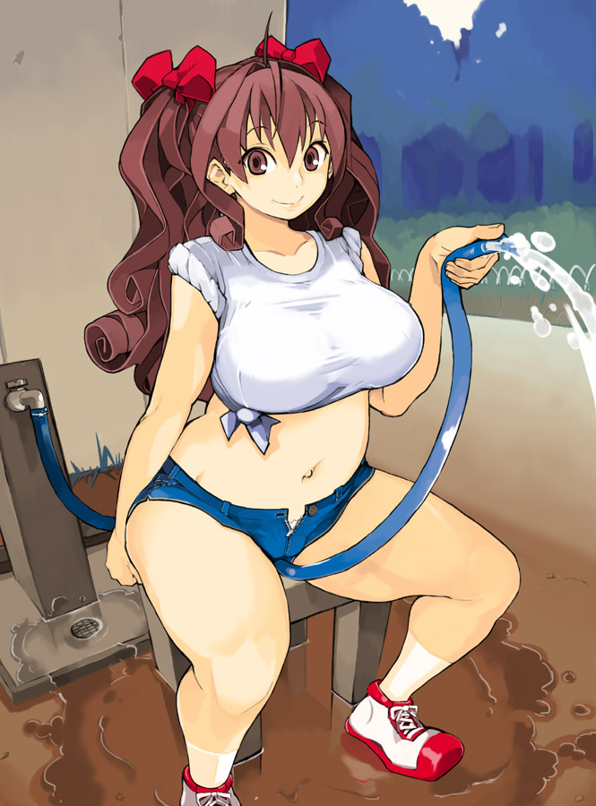 takayama toshinori, matsuri (takayama toshinori), original, 1girl, breasts, brown eyes, brown hair, curvy, female focus, hose, large breasts, midriff, navel, plump, shirt, shorts, smile, solo, thick thighs, thighs, water