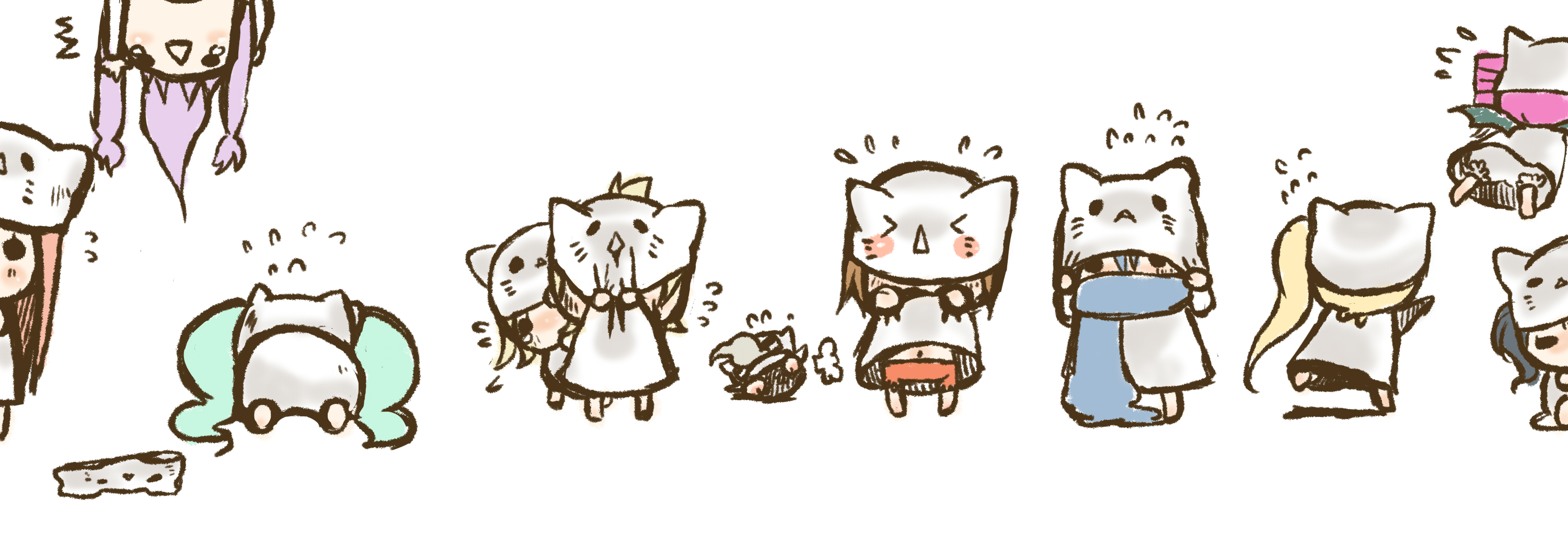 yama (rabbit room), akita neru, hatsune miku, kagamine len, kagamine rin, kaito (vocaloid), kamui gakupo, kasane teto, megurine luka, megurine luka (toeto), meiko (vocaloid), yokune ruko, yowane haku, toeto (vocaloid), utau, vocaloid, bad id, bad pixiv id, highres, long image, wide image, > <, 3boys, 6+girls, animal hat, bat wings, cat hat, chibi, closed eyes, cowering, crossover, everyone, hat, multiple boys, multiple girls, peeking out, squatting, tears, wings