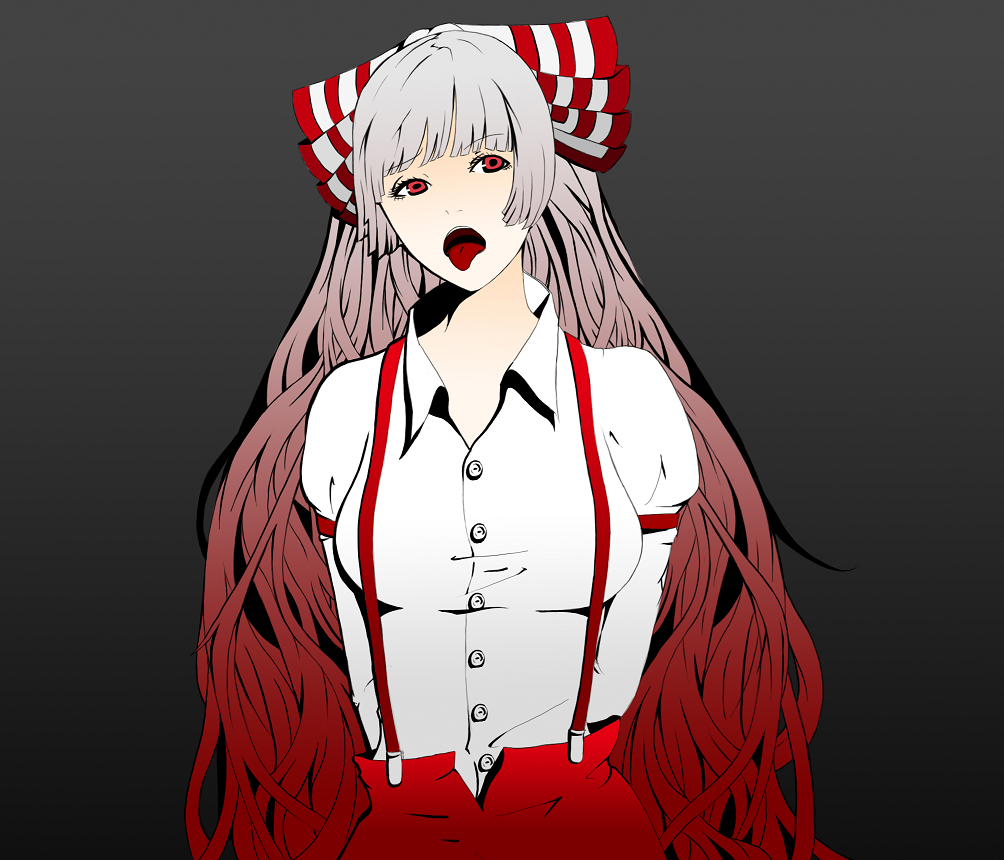 32, 320, fujiwara no mokou, touhou, silver hair, 1girl, female focus, gradient background, grey background, hair ribbon, long hair, red eyes, ribbon, solo, standing, tongue