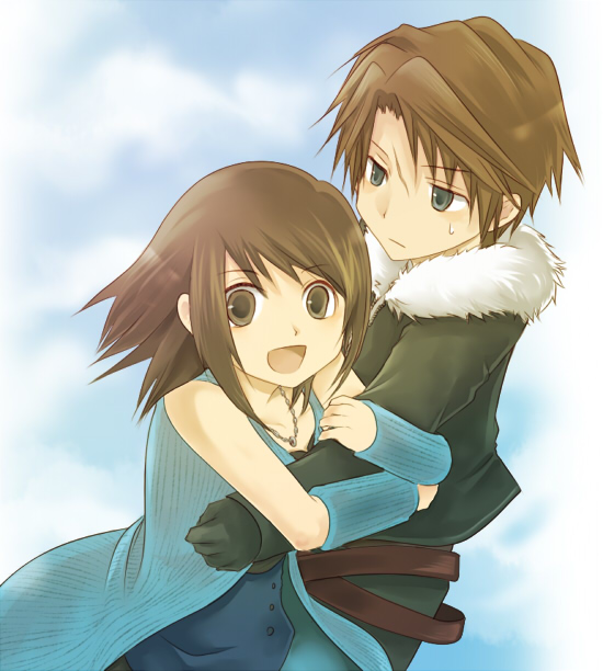idu, rinoa heartilly, squall leonhart, final fantasy, final fantasy viii, arm grab, 1990s (style), 1boy, 1girl, :d, bare shoulders, black gloves, blush, brown eyes, brown hair, couple, expressionless, fur trim, gloves, long sleeves, looking at viewer, open mouth, scar, short hair, smile, sweatdrop, vest