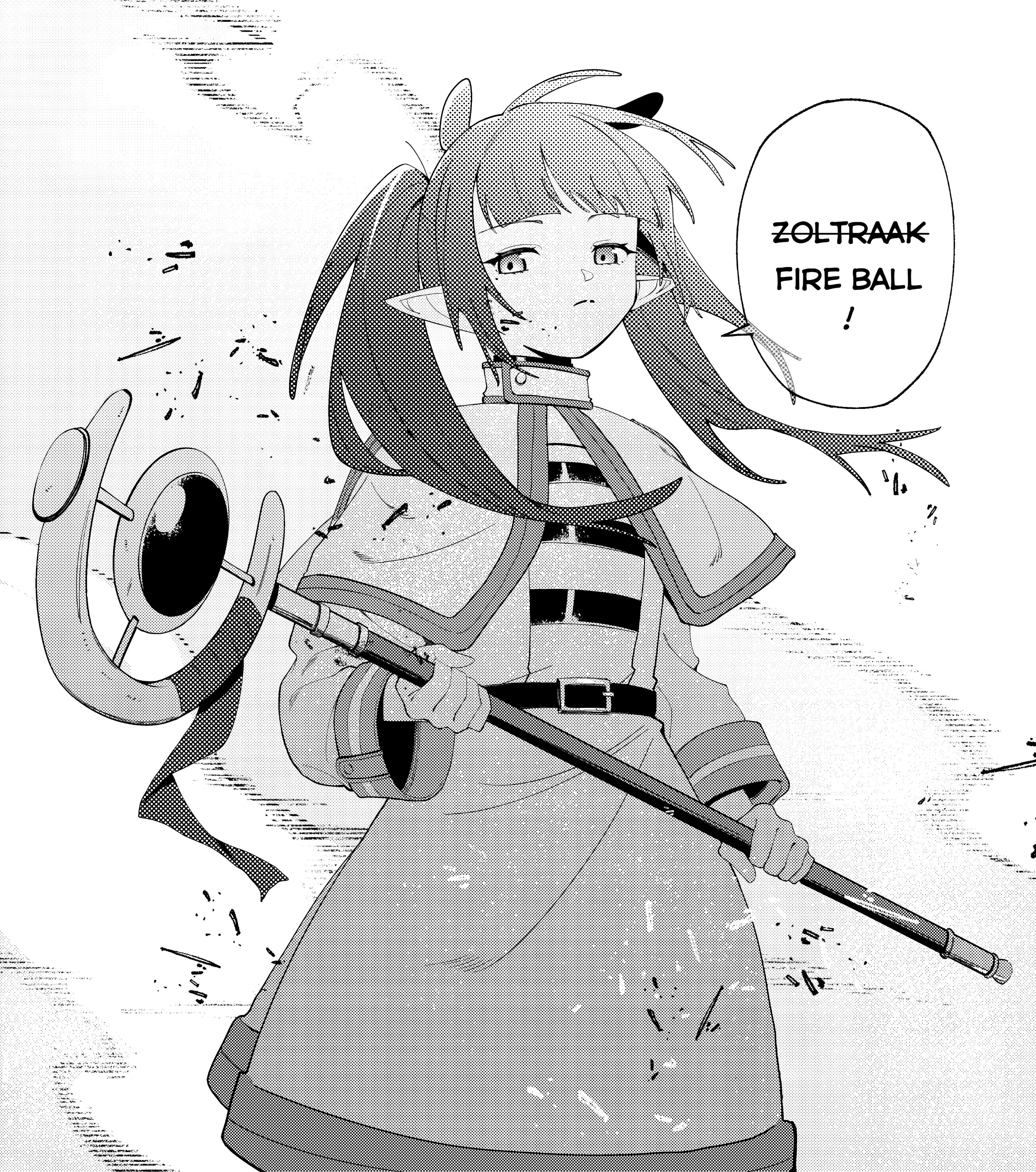 tentacleluver, frieren, ninomae ina'nis, hololive, hololive english, sousou no frieren, absurdres, commentary, english commentary, highres, 1girl, belt, capelet, cosplay, cowboy shot, english text, frieren (cosplay), greyscale, hair over shoulder, holding, holding staff, light frown, long hair, long pointy ears, long sleeves, looking at viewer, mage staff, monochrome, pointy ears, shirt, simple background, solo, speech bubble, staff, standing, striped clothes, striped shirt, virtual youtuber, white background