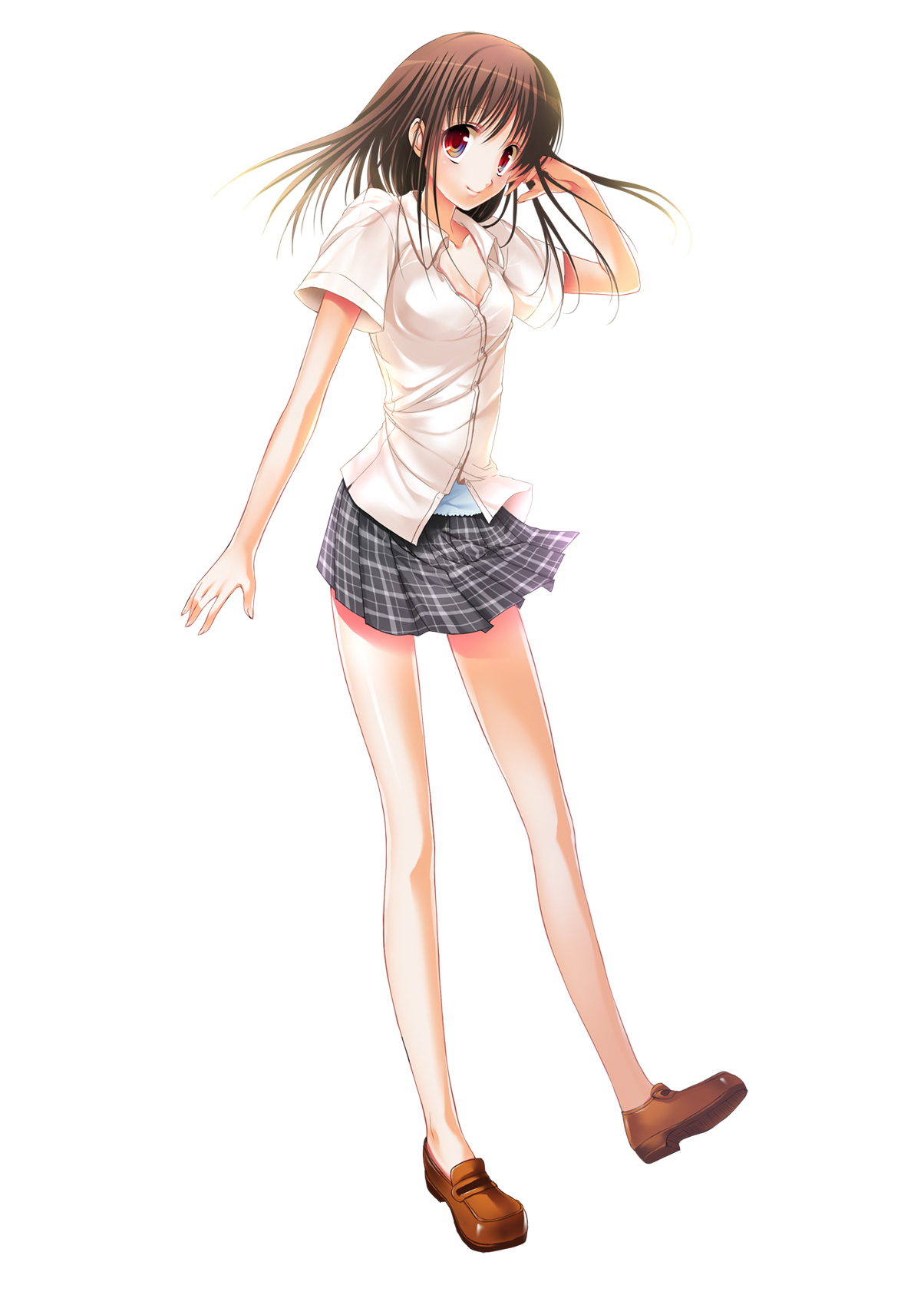 futaori arisa, original, bad id, bad pixiv id, highres, 1girl, breasts, brown hair, cleavage, female focus, legs, medium breasts, plaid clothes, plaid skirt, shoes, skirt, solo