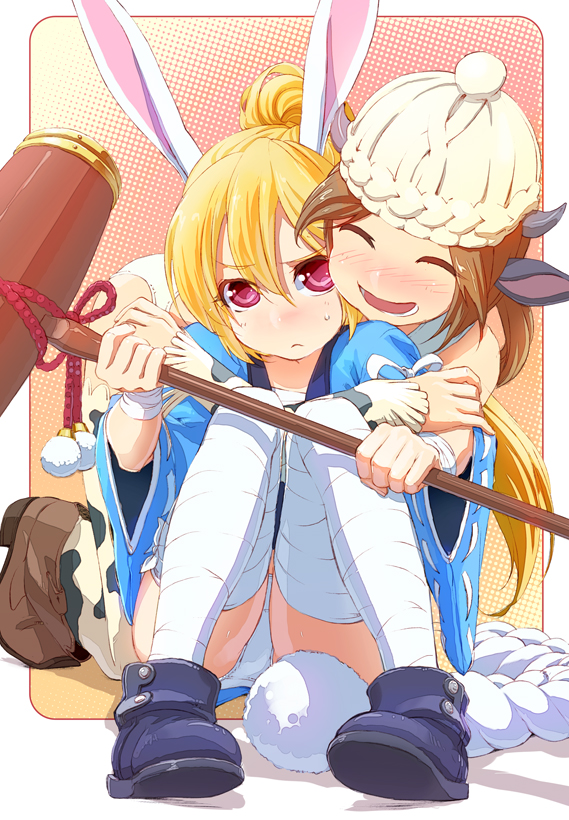 yahako, bad id, bad pixiv id, animal ears, blonde hair, brown hair, hat, horns, panties, pantyshot, rabbit ears, red eyes, sitting, skirt, thighhighs, underwear