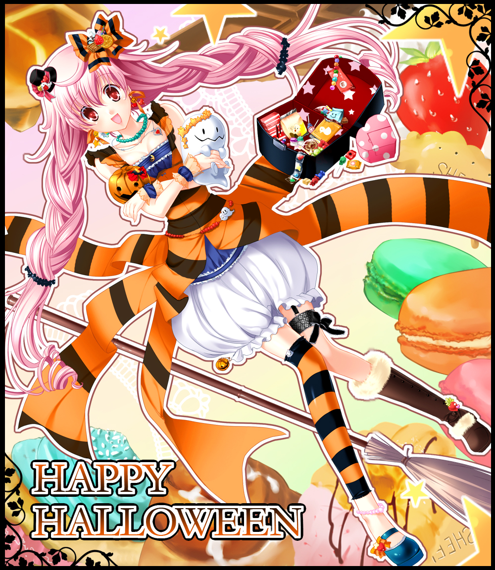 futaori arisa, striped, bad id, bad pixiv id, 1girl, anklet, asymmetrical clothes, asymmetrical footwear, boots, bow, braid, broom, bubble skirt, candy, dress, female focus, food, food-themed clothes, fruit, garter straps, ghost, hair bow, halloween, happy halloween, hat, jewelry, long hair, macaron, mini hat, mini top hat, mismatched footwear, orange (fruit), orange theme, pink hair, red eyes, skirt, solo, strawberry, thighhighs, top hat, twin braids, white dress