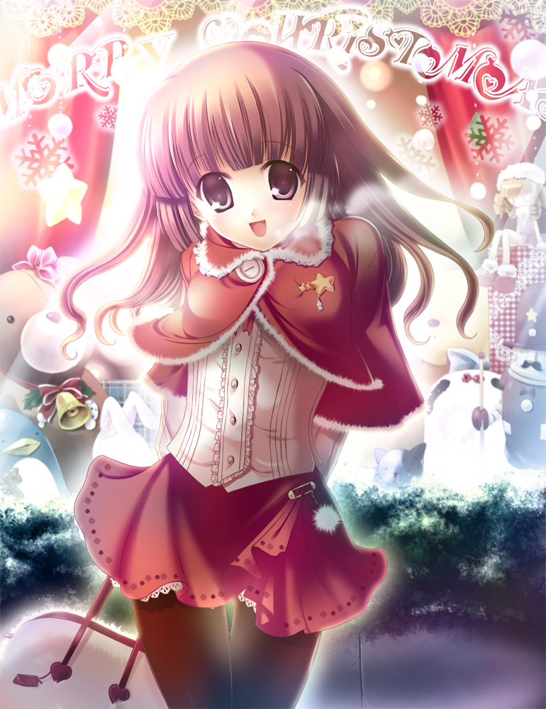 futaori arisa, original, bad id, bad pixiv id, brown hair, capelet, christmas, long hair, pantyhose, snow, solo
