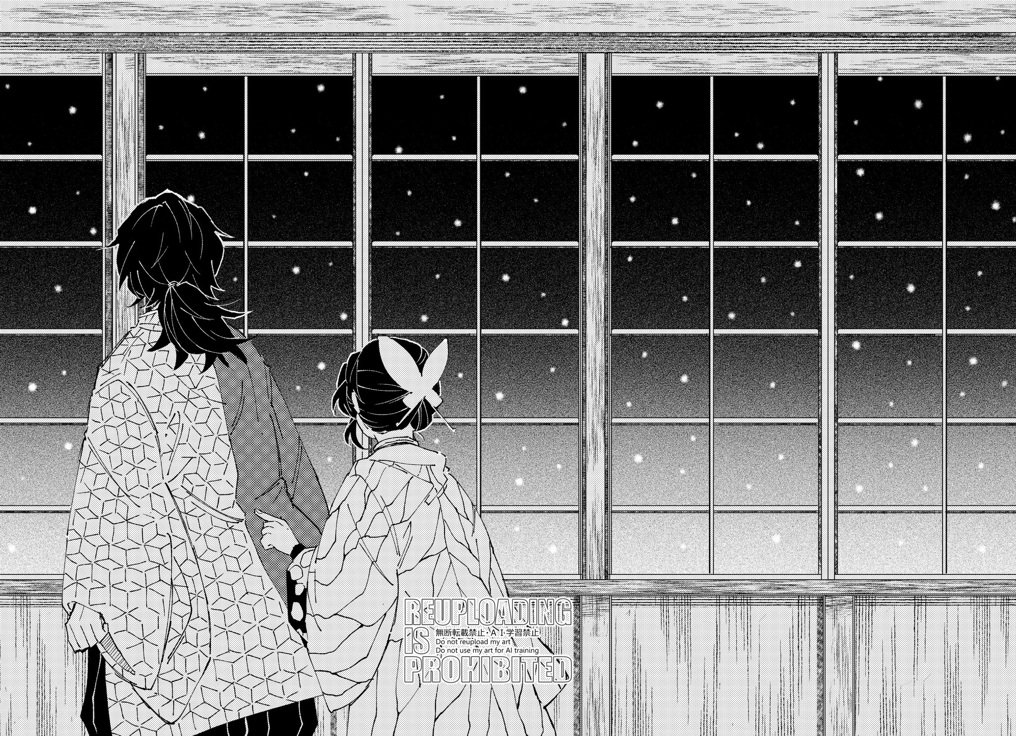 saika 102, kochou shinobu, tomioka giyuu, kimetsu no yaiba, highres, 1boy, 1girl, black hair, black pants, butterfly hair ornament, butterfly print haori, facing away, from behind, greyscale, hair ornament, hakama, hakama pants, haori, japanese clothes, long hair, low ponytail, monochrome, pants, pointing, ponytail, print haori, sidelocks, snowing, updo, window
