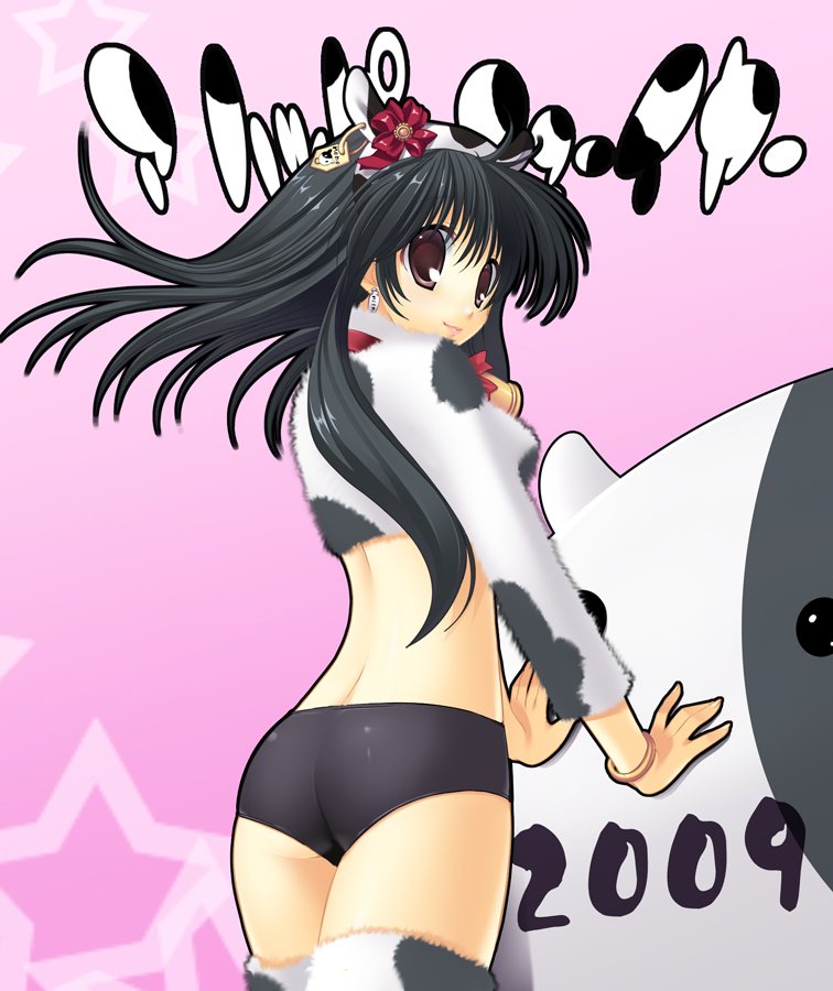futaori arisa, original, bad id, bad pixiv id, 00s, 1girl, 2009, animal ears, animal print, bell, black hair, bracelet, brown eyes, cow ears, cow print, female focus, jewelry, long hair, looking back, new year, panties, solo, thighhighs, underwear