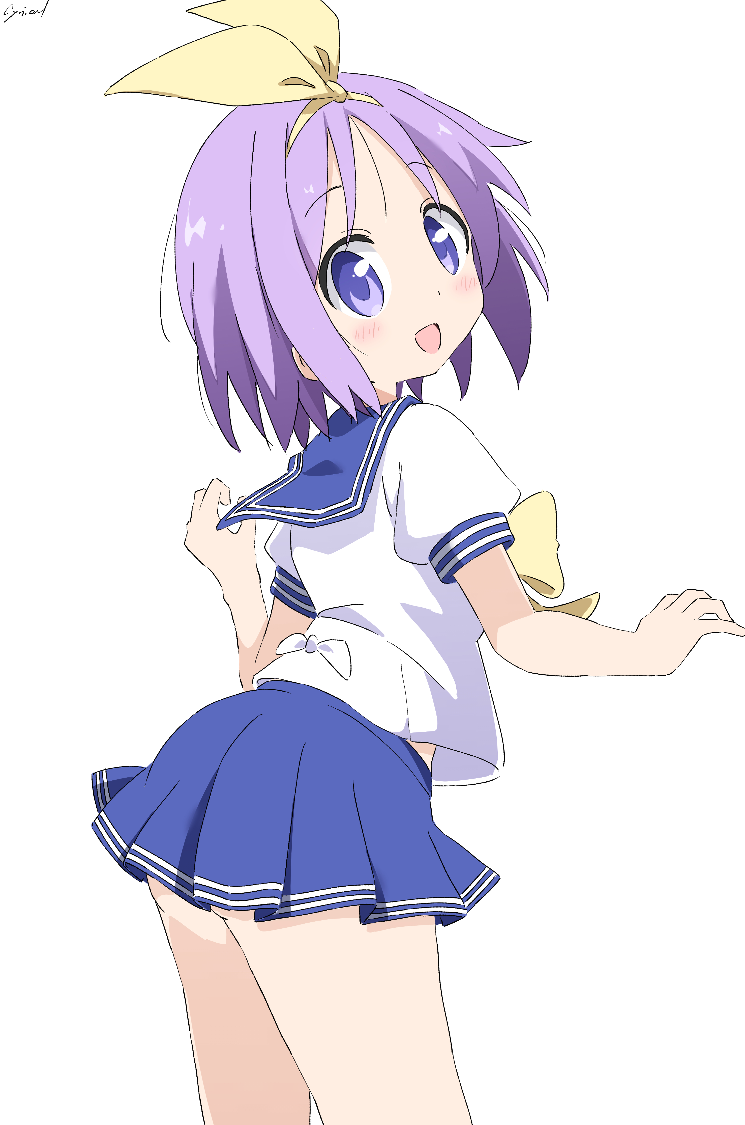 cynical (llcbluckg c004), hiiragi tsukasa, lucky star, absurdres, commentary request, highres, 1girl, :d, ass, blue eyes, blue sailor collar, blue skirt, blush, bow, bow hairband, bowtie, cowboy shot, from behind, hairband, looking at viewer, medium hair, midriff peek, miniskirt, open mouth, pleated skirt, purple hair, ryouou school uniform, sailor collar, school uniform, serafuku, short sleeves, signature, simple background, skirt, smile, solo, thighs, turning head, white background, yellow bow, yellow bowtie, yellow hairband