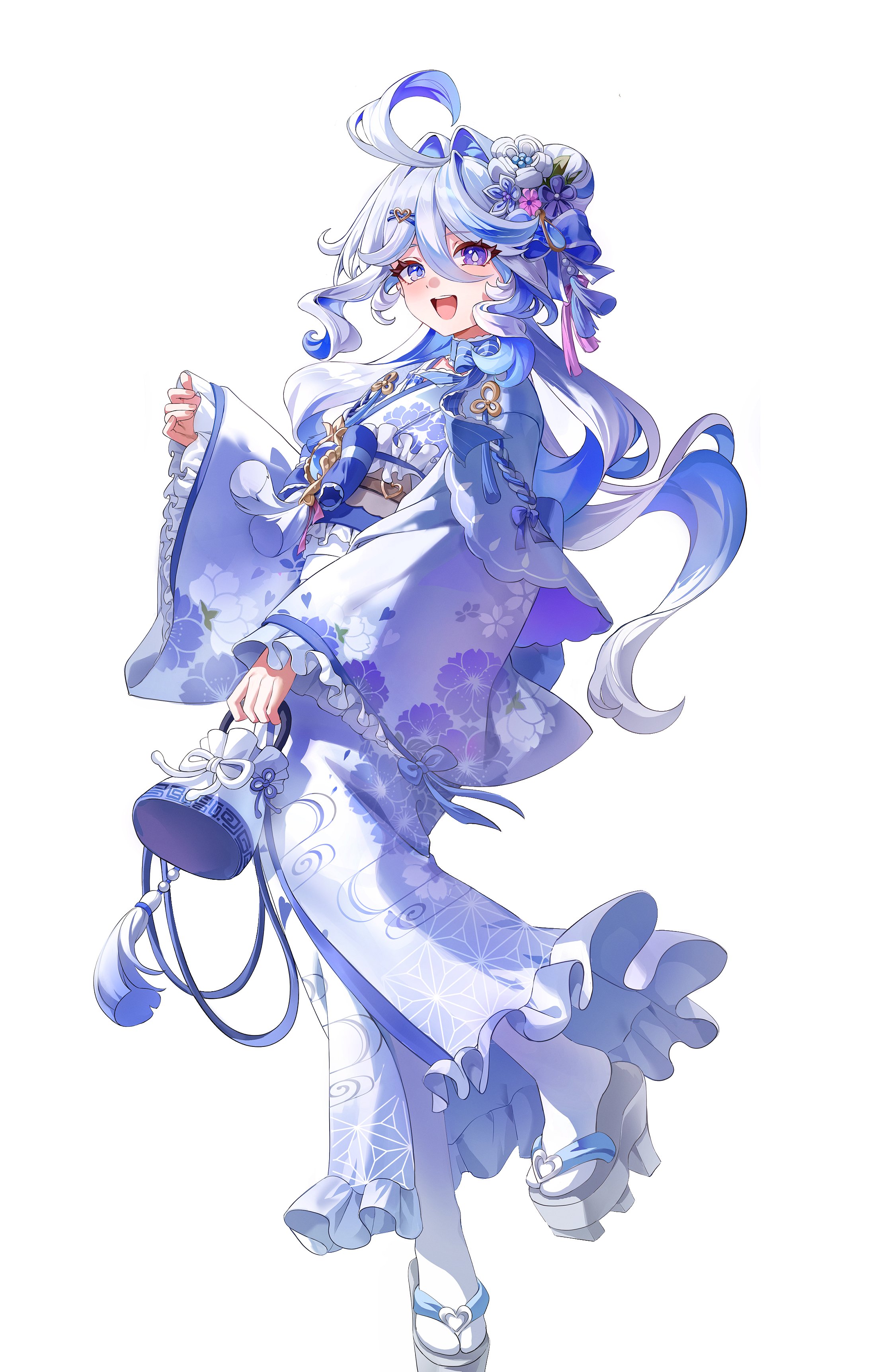 dasha, furina (genshin impact), genshin impact, absurdres, commentary, highres, 1girl, :d, ahoge, alternate costume, bag, blue eyes, blue hair, blue kimono, blue pupils, drop-shaped pupils, floral print, floral print kimono, flower, frilled kimono, frills, full body, grey hair, hair between eyes, hair flower, hair ornament, hairclip, hand up, handbag, hetero, heterochromia, holding, holding bag, japanese clothes, kimono, kinchaku, leg up, long hair, long sleeves, multicolored hair, open mouth, pouch, print kimono, simple background, smile, socks, solo, streaked hair, symbol-shaped pupils, tassel, tassel hair ornament, very long hair, wavy hair, white background, white hair, white socks, wide sleeves