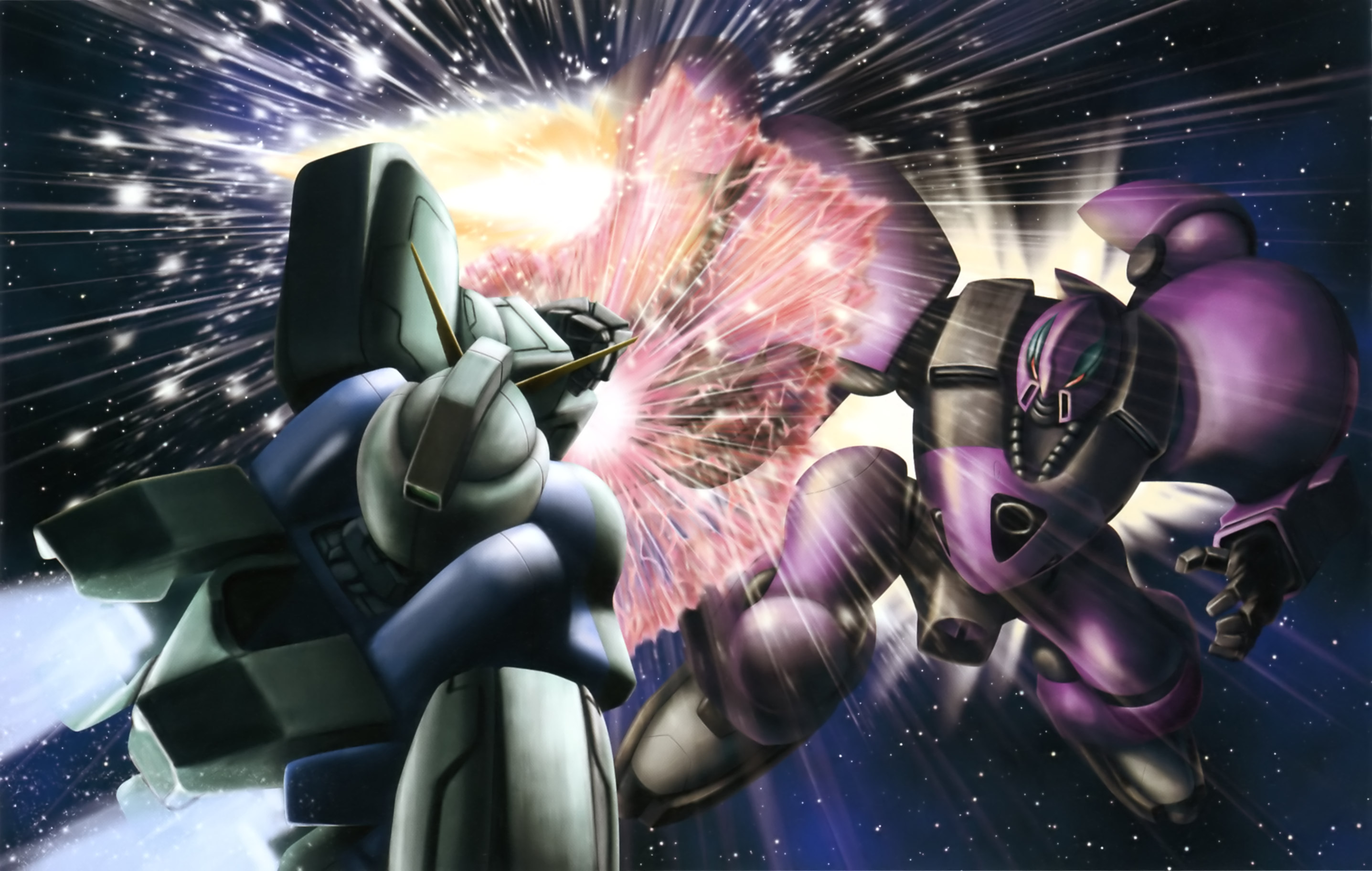 v gundam, gundam, victory gundam, artist request, highres, official art, scan, beam shield, cable, contio, duel, energy blade, gundam perfect file, machinery, mecha, mecha focus, mobile suit, nebula, no humans, realistic, robot, scene reference, science fiction, space, star (sky), thrusters, weapon, zanscare